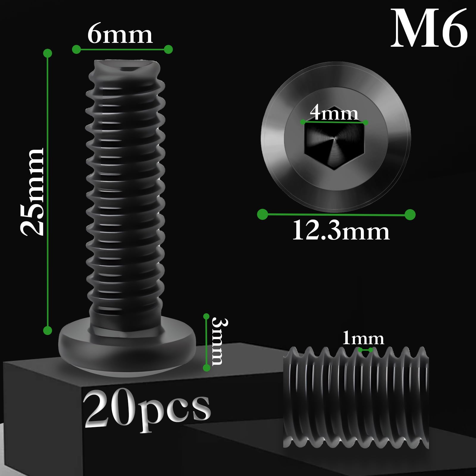 Pyroclasia M6 Bolts 20 Stck M6 X 25 mm Flat Head Allen Bolts 304 Stainless Steel Black Furniture Screw Long Bolt Fully Thread with Hex Key for Furniture Assembly Machinery Industry - Image 2