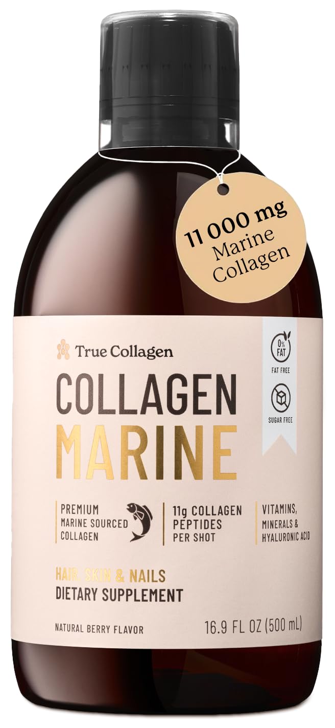 Marine | 11,000 mg Hydrolysed Collagen Liquid Supplement - 500 ml, 20 Day Supply | Hyaluronic Acid, Biotin and Vitamin C for Healthy Hair, Skin and Nails | Sugar-Free & Fat-Free
