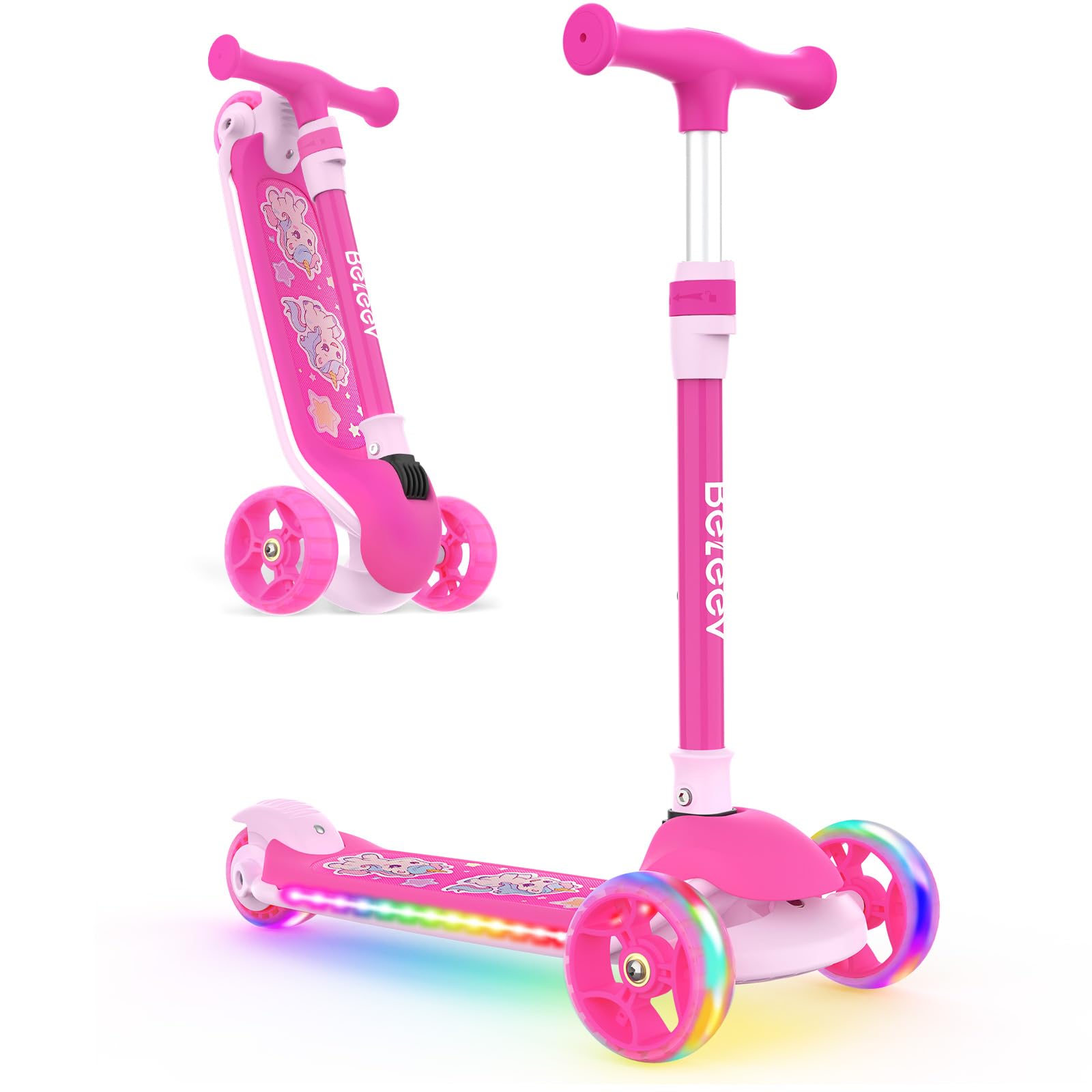 BELEEV A9 Kids Scooter with LED Light-Up Wheels & Deck, 3 Wheel Folding Scooter for Toddlers Girls Boys Ages 3-12, Adjustable Handlebar, Lean to Steer, Extra-Wide Wheels, Kick Scooter for Children