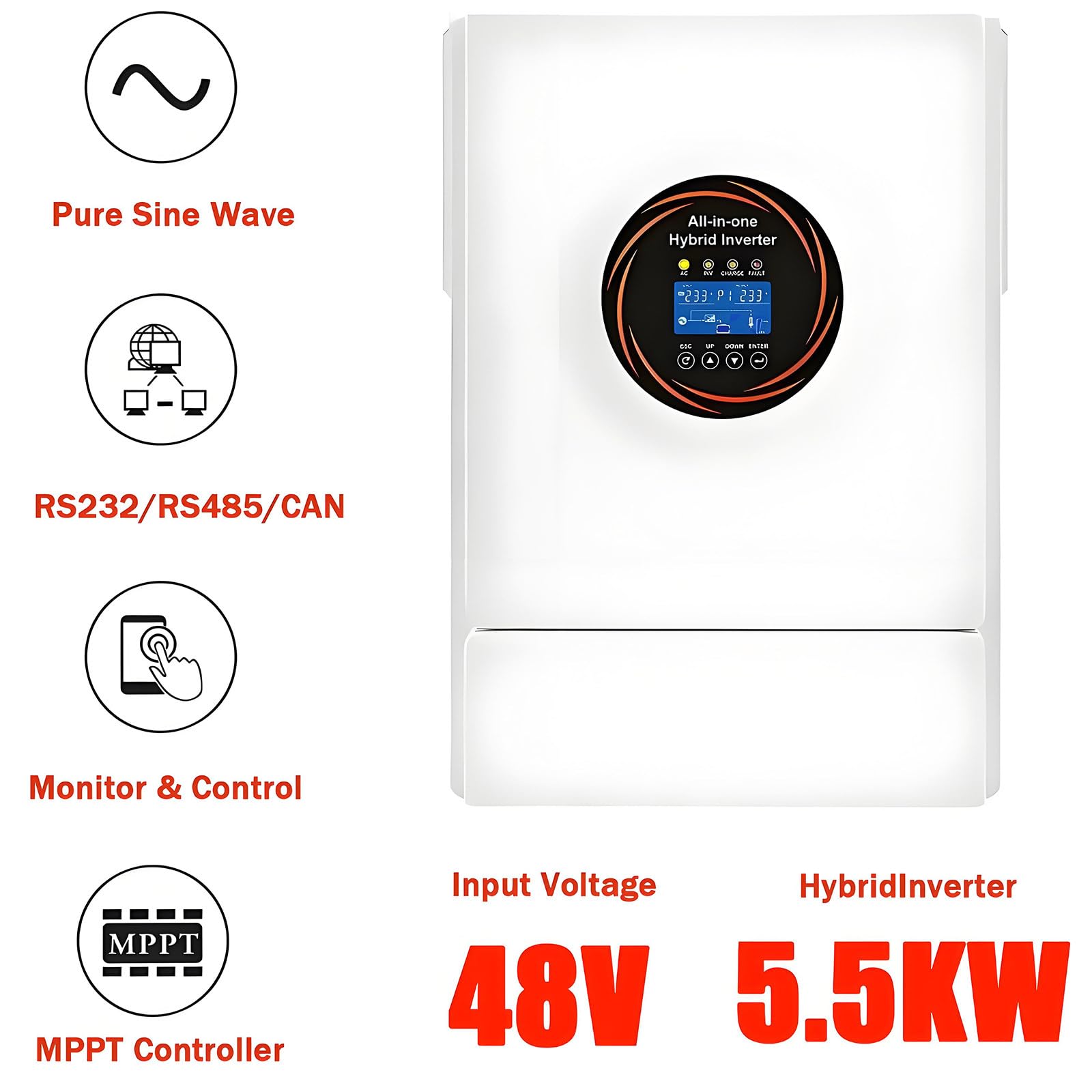 Hybrydowy falownik solarny 5500 W, 48 V DC do 220 V AC, czysty sinusoida, wbudowany regulator ładowania MPPT 120 A, kompatybilny z akumulatorami kwasowo-ołowiowymi i litowymi 48 V