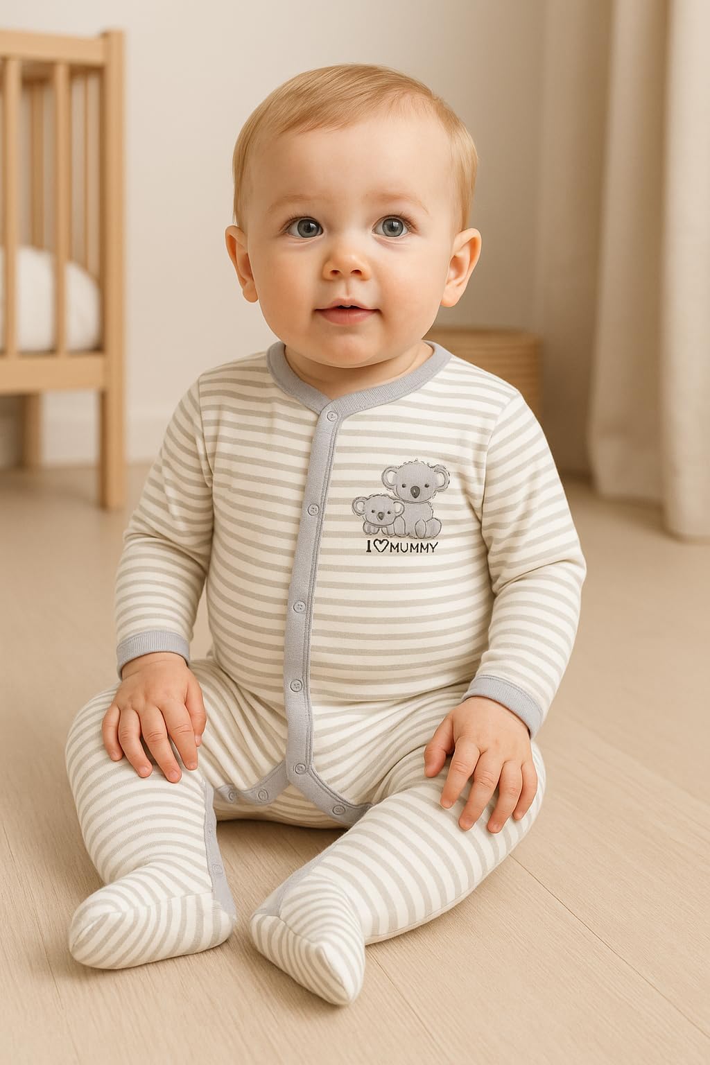 TuddyBuddy 100% Cotton Footed Romper Sleepsuit for Baby (0 Months-3 Months, Pack of 2 - White Stripes & White Teddy) - Image 2 thumbnail