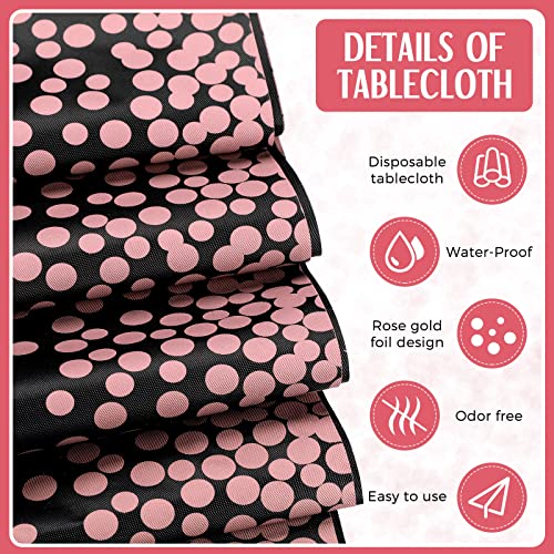 Image of Breling 8 Pack Black and Rose Gold Disposable Plastic Tablecloths and Satin Table Runner Set, 54 x 108 Inch Tablecloth, 12 x 108 Inch Table Runners for Wedding Graduation Birthday Baby Shower New Year