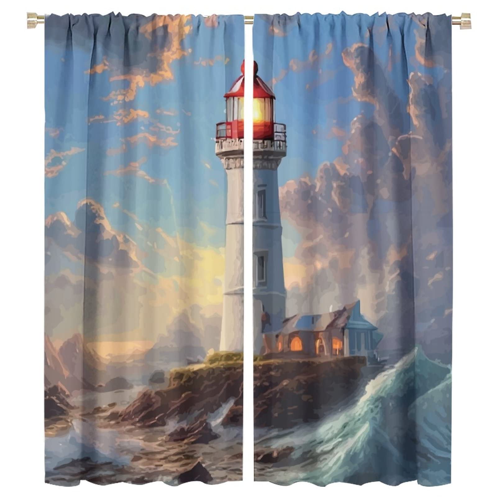 Lighthouse Curtain Oil Painting Sea Wave Lighthouse Blackout Print Rod Pocket Window Drapes for Bedroom Living Room 55x63in