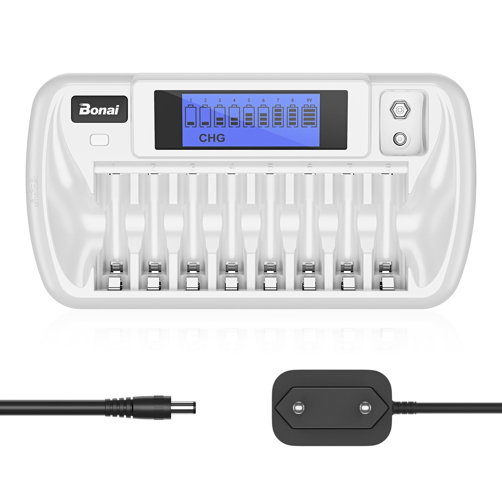 BONAI Intelligentes Ladegerät für AA AAA NI-MH Akkus und 9V Block, 9 unabhängige Ladeschächte, Batterieladegerät mit LCD-Display, Ladestation für wiederaufladbare Batterien
