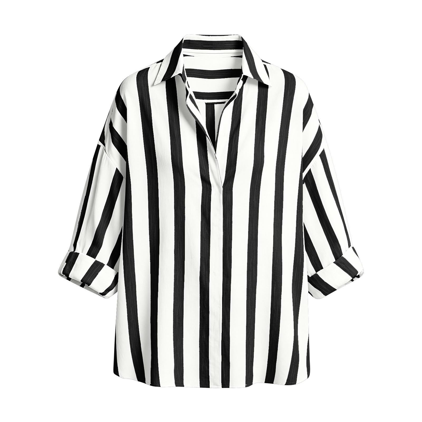 Camicetta da donna a maniche lunghe, a righe, da lavoro, con scollo a V, con bottoni, in lino, stile vintage, casual