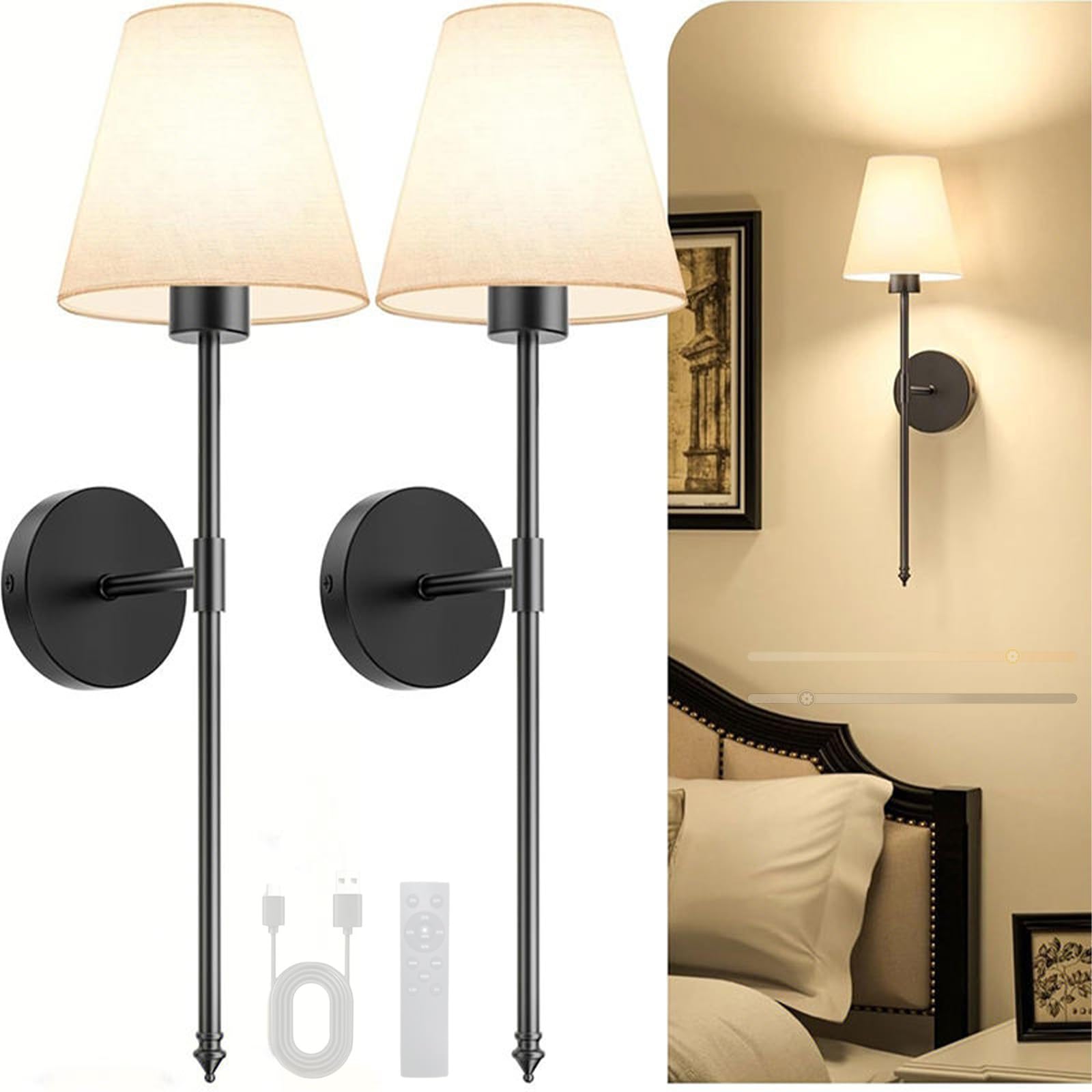 Apliques de Pared LED Interior Recargable Lámparas de Pared con Mando a Distancia Control Táctil Regulable Iluminación Sombra de la Tela Dormitorio Sala de Estar Pasillo Escaleras (Negro,2 Piezas)
