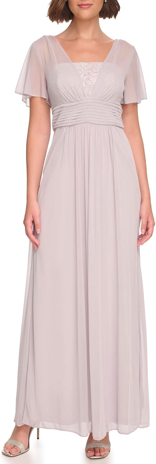 Jessica Howard Women's Chiffon V-Neck Maxi Gown-Special Occasion 16 Silver