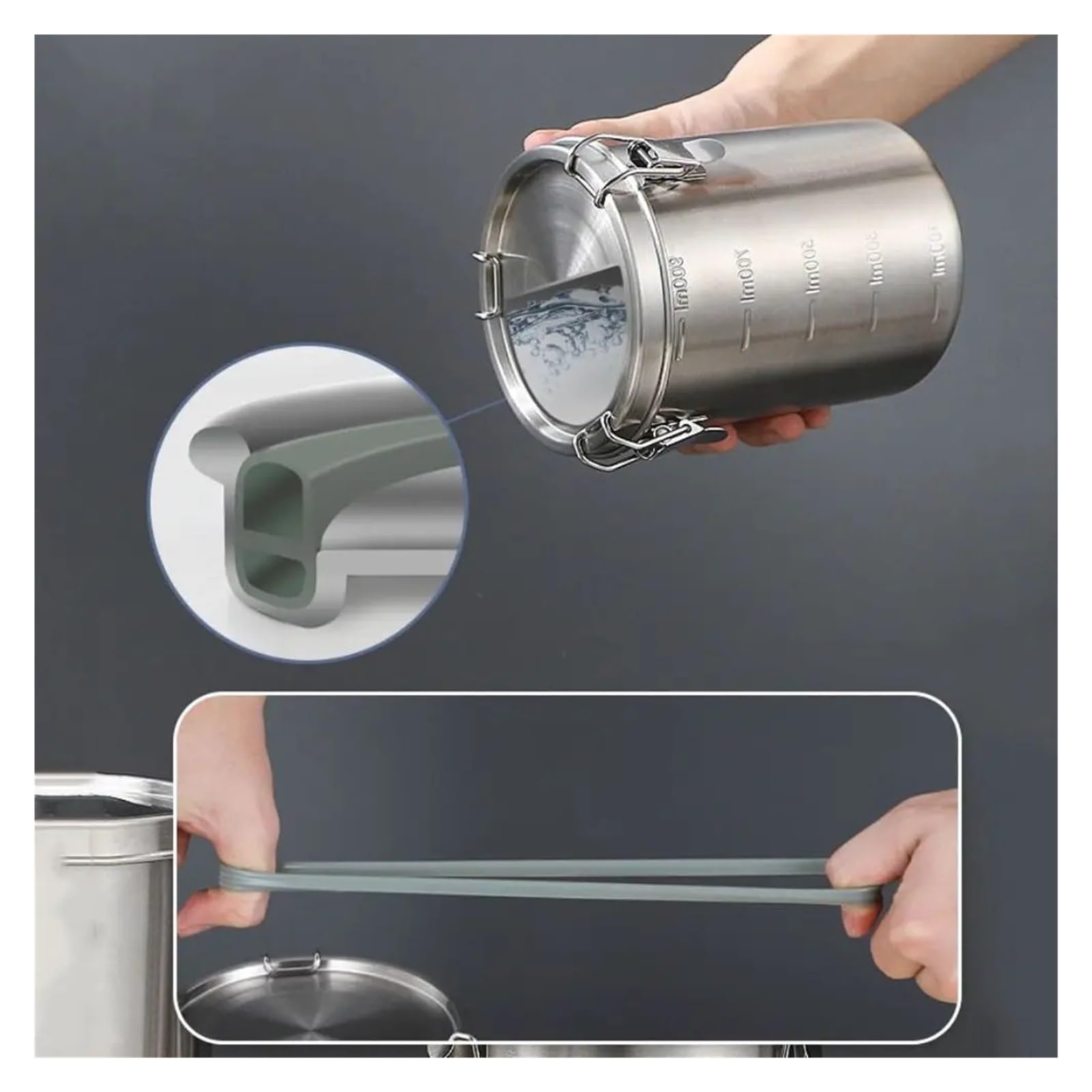 Aufbewahrungsbehälter aus 304 Edelstahl, 520/1000/1600/2500ml | Auslaufsichere Getreidebox, luftdichter Behälter mit Skala, silber, 1pc(1600ml)