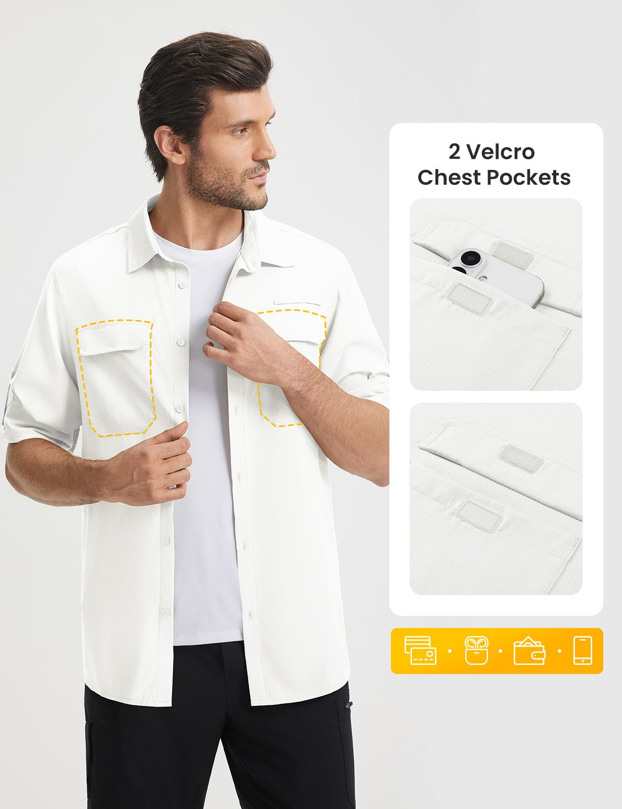 baleaf Camisas de safari de manga larga para hombre, protección solar UPF 50+, ligera, de secado rápido, con bolsillos, para senderismo, caminar, golf y uso casual