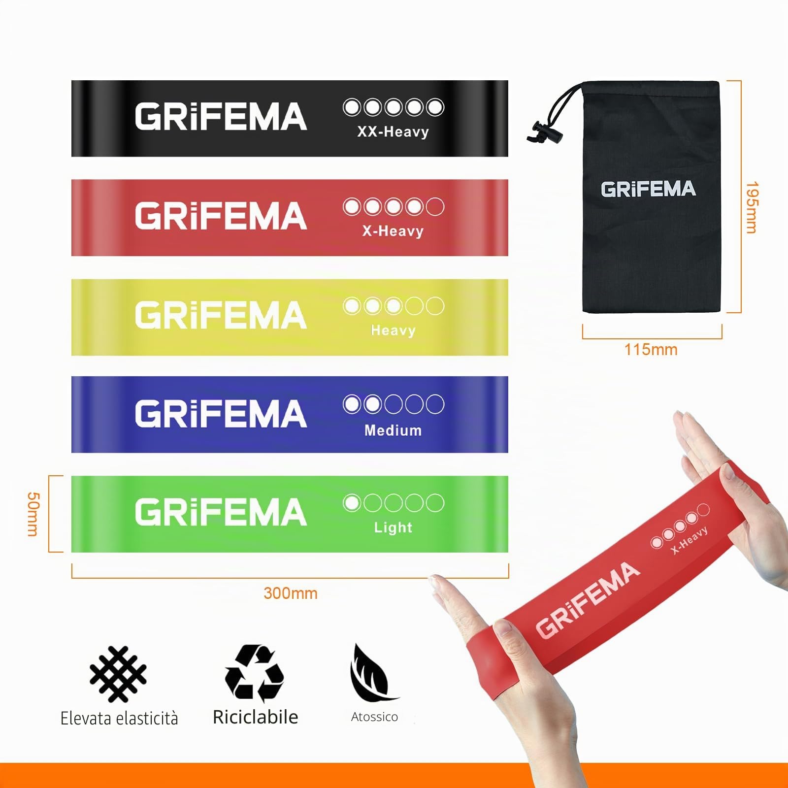 GRIFEMA GA5001 Elastici per Bodybuilding, 5 Livelli di Resistenza, per Yoga, Allenamento di Forza E Pilates, con Guida all'Allenamento E Custodia