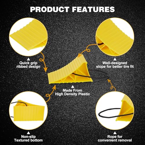 Image of PAHTTO Wheel Chocks, 4Pack Heavy Duty Wheel Chocks with Rope for Easy Removal, Durable, Non-Slip, Hard Plastic Wheel Chocks for, RV, Camper, Effective in Keeping Your Vehicle in Place, Yellow