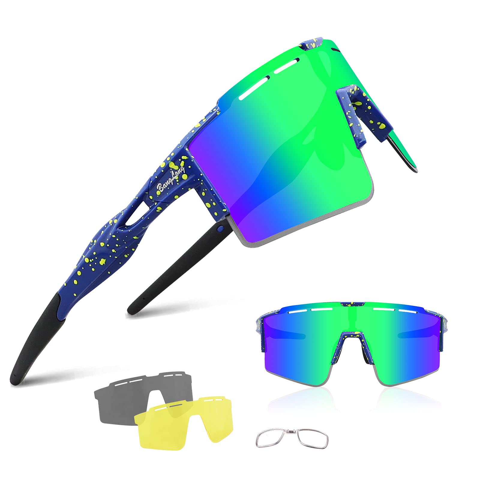 BangLong Cycling Sunglasses Polarized Sports Glasses for Men Women with 3 Interchangeable Lenses for Running Baseball Glasses