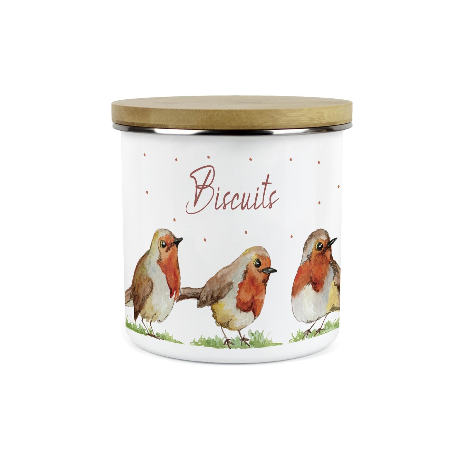 Purely Home English Robins Small Biscuits Storage CanisterBritish Garden Birds Gifts1.2L White Metal Enamel Food Storage Container from B&Q