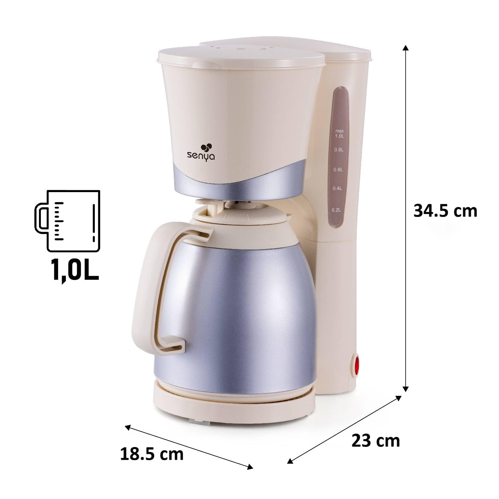 SENYA Cafetera Eléctrica Crema 1L – Cafetera Filtro con jarra Isotérmica, compacta y elegante, apagado automático, fácil de usar y limpiar