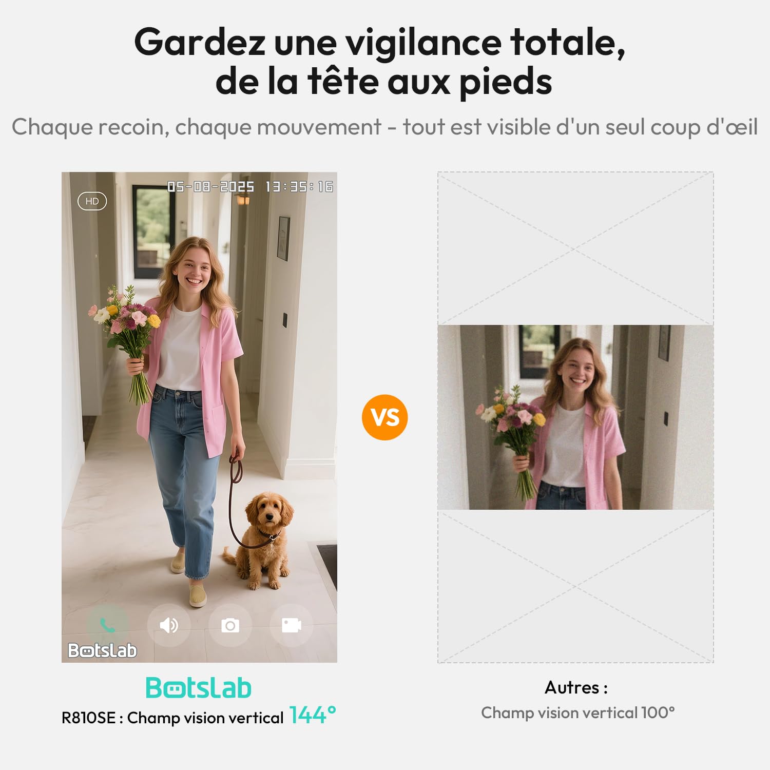 BOTSLAB Sonnette vidéo sans Fil avec caméra Exterieur 2K 3MP, IP66 étanche | Ultra Grand Angle 180°, Nocturne en Couleur, AI Gratuite, Audio Bidirectionnel, Wi-FI 2,4G, Installation Facile