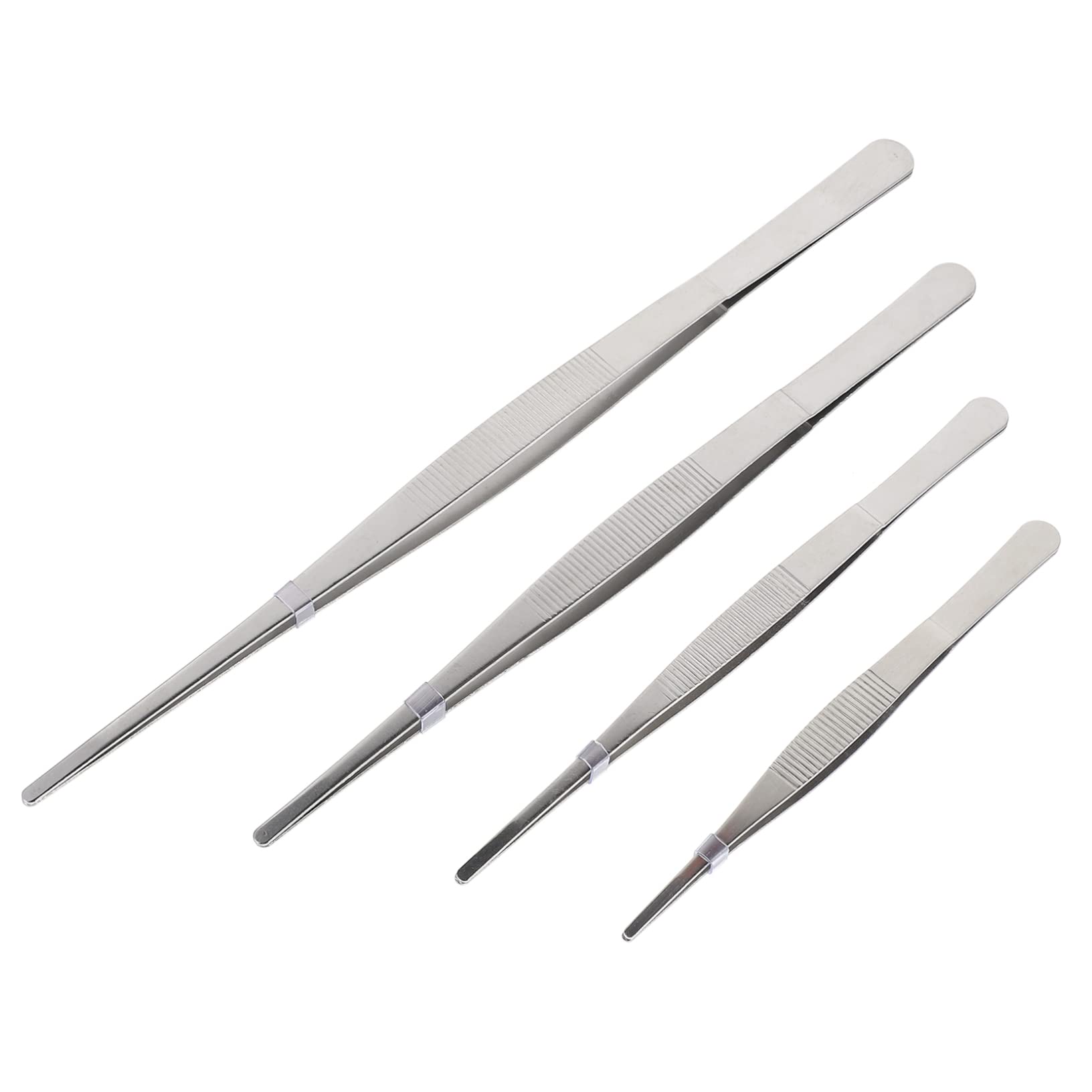 FUNOMOCYA 4pcs Stainless Steel Tweezers Long Straight Serrated Tips Non-Skid Handle for Crafting and Daily Use