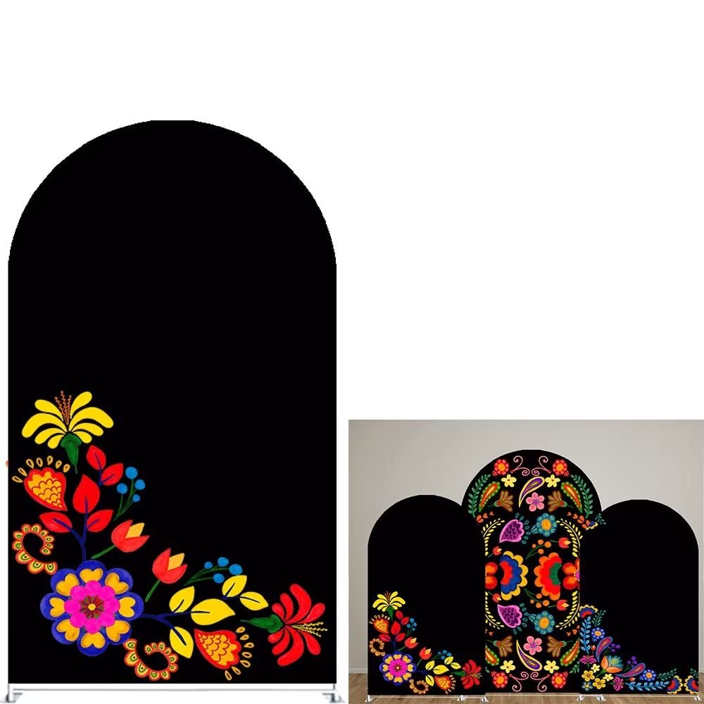 FiVan Spandex Arch Covers Stretchy Curved Backdrop Mexico Flower Black Background Cover for Day of the Dead Festival Decoration (FUS-Arch-GX-