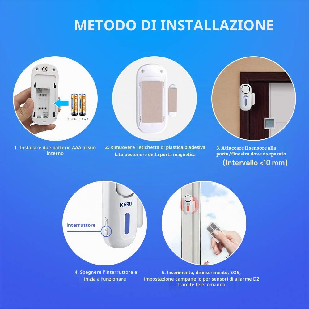 KERUI Allarme Casa Senza Fili D2, 4 Zone Sistemi di Sicurezza Domestica con 2 Sensore Movimento,1 Allarme Porta 4 Sensori Porta 1 Telecomando, 120dB Sensori Allarme Porte e Finestre per Casa Garage