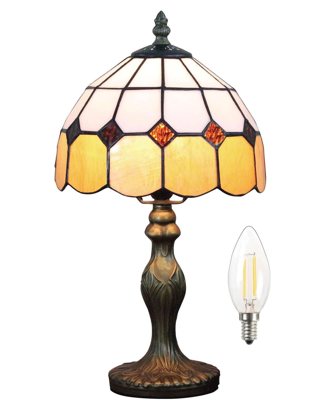 Tiffany Stil Tischlampe 8 Zoll, Vintage Design mit Buntglas, Energiesparende LED Birne, Ambiente Beleuchtung für Homeoffice, Arbeitszimmer und Nachtisch (ORANGE)