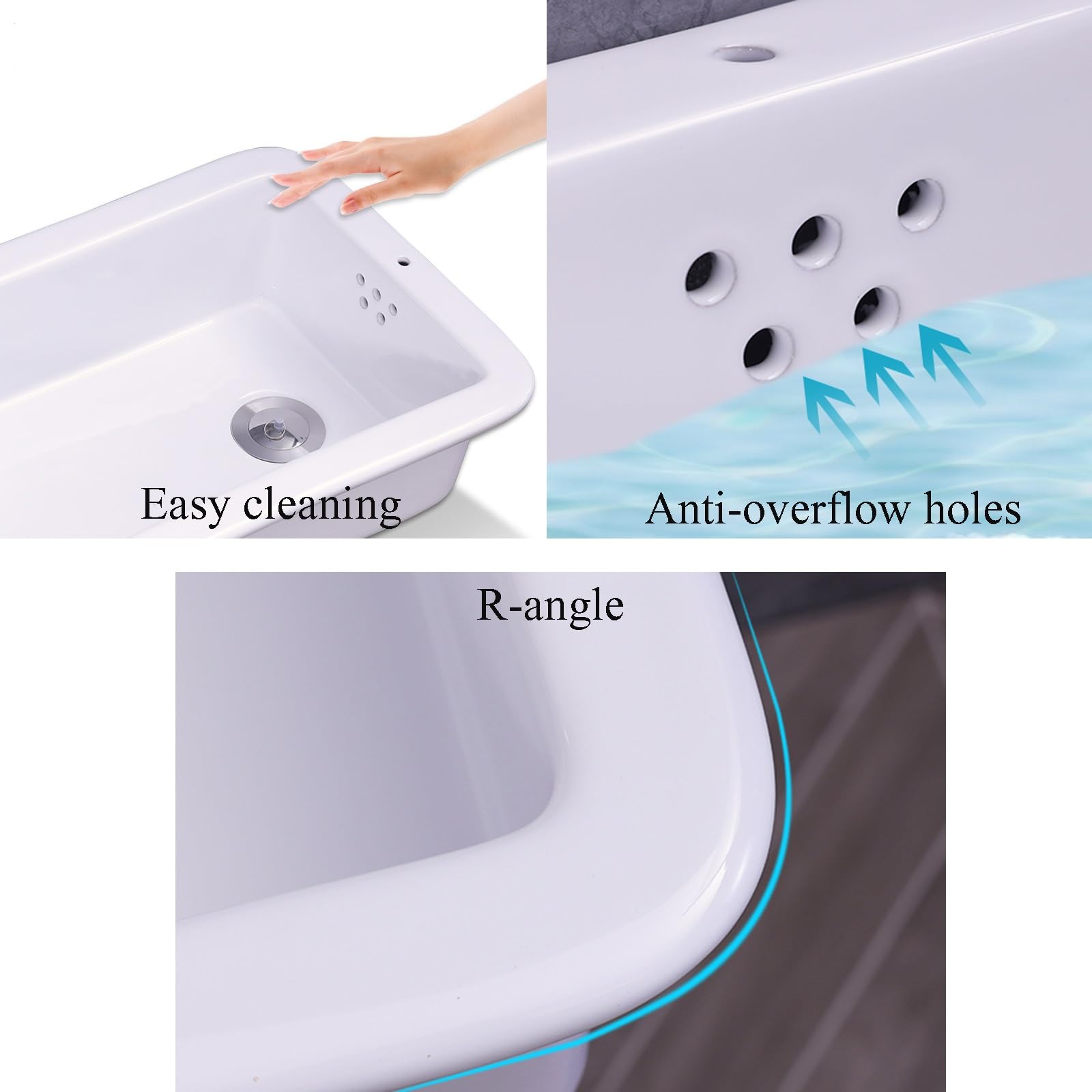Evier en Céramique Lavabo Mural avec Trou de Trop-Plein Éviers de Cuisine Bonde de Grand Diamètre avec Support en Acier Inoxydable Arrondis du Lavabo(53x43cm/20.9x16.9)