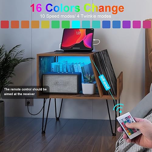 Miniatura 3 de Tohomeor Soporte para reproductor de discos de vinilo con estación de carga de luz LED, puerto USB, soporte para tocadiscos LPs, gabinete de