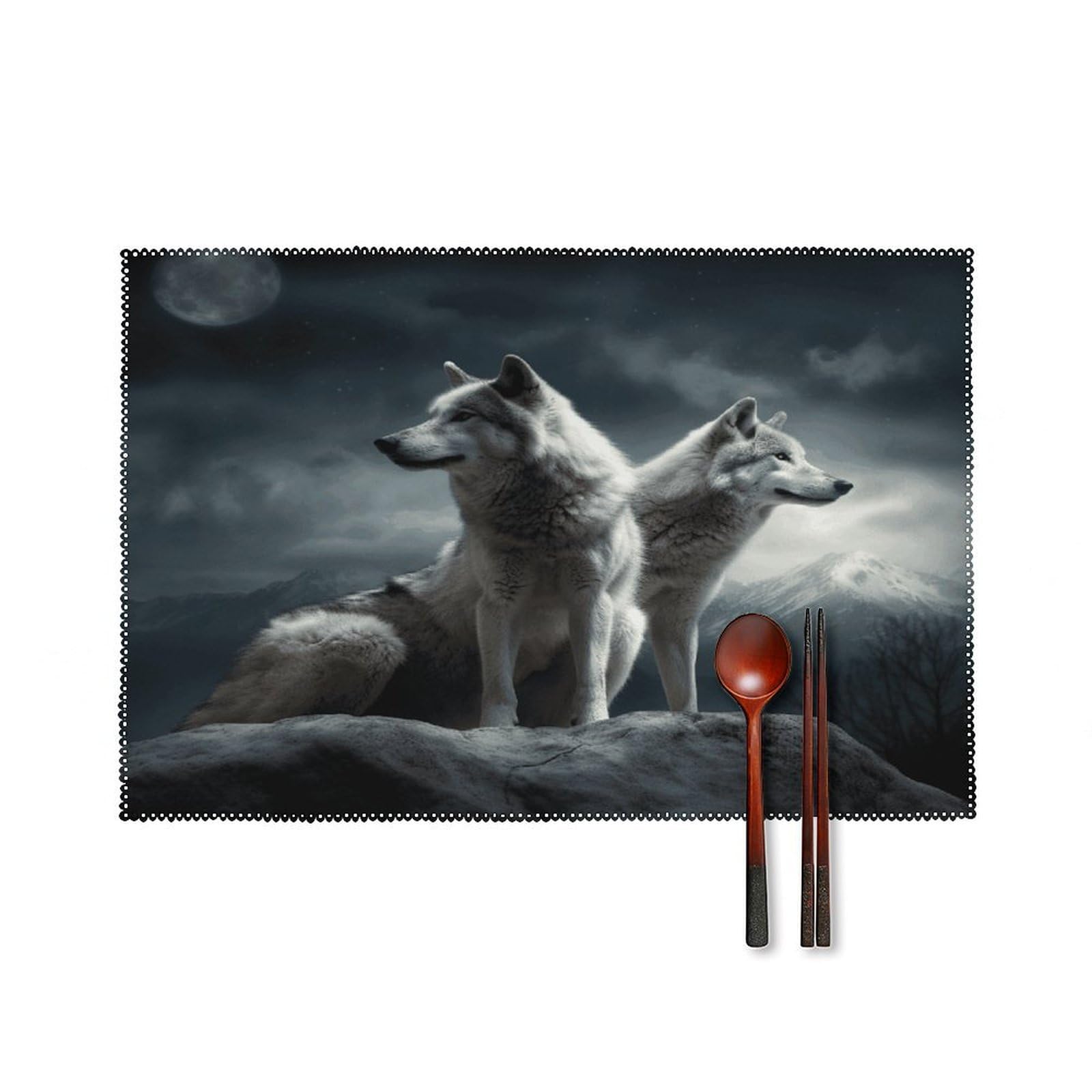Wolf at Night Placemats Set of 4 Heat Resistant Non-Slip Place Mats for Dining Table Washable Placemat Wipeable Dining Table Mat Canvas Place Mats Dining Table Decor