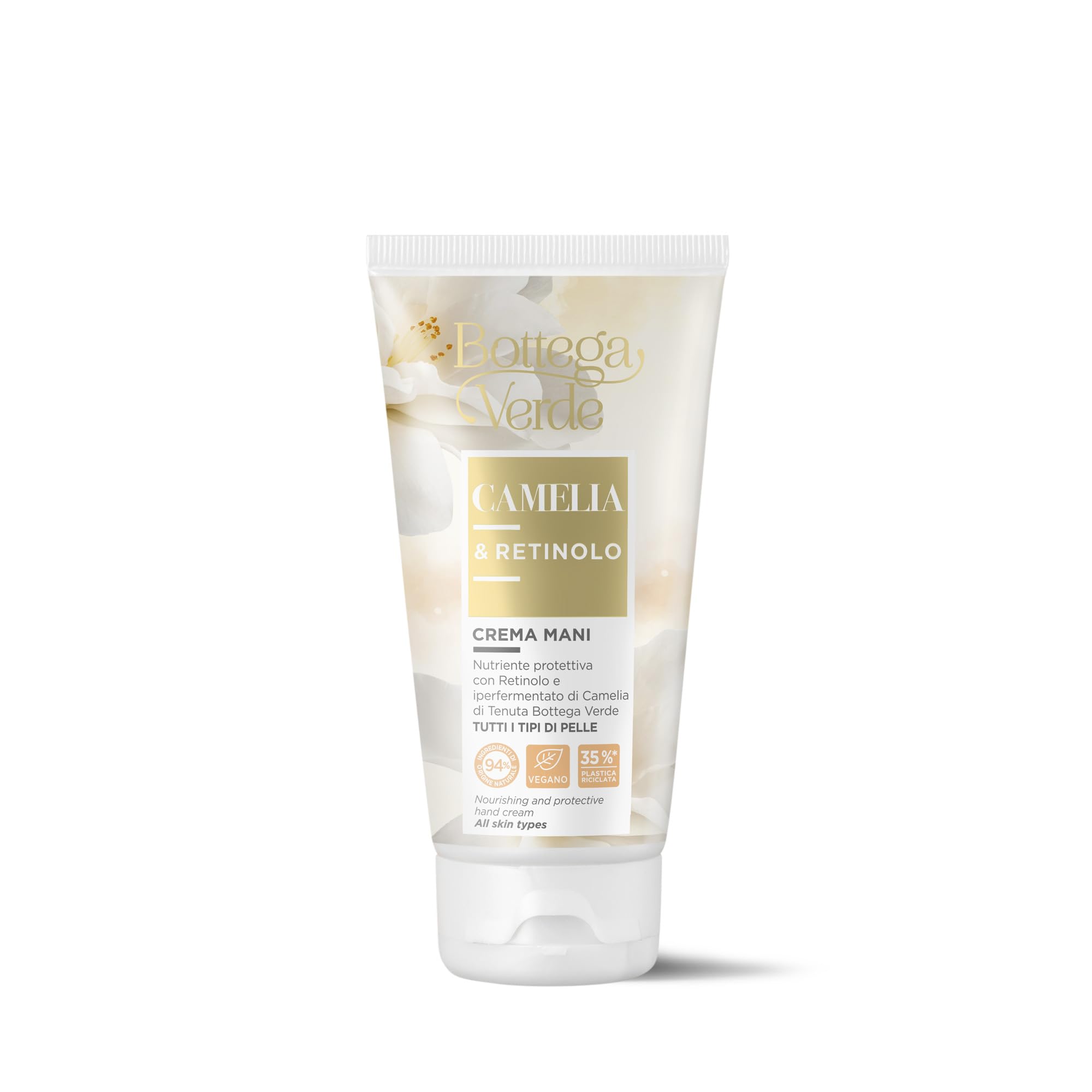 Bottega Verde - Crema Mani, Camelia e Retinolo, 75 ml, Nutriente e Protettiva, con Retinolo e Iperfementato di Camelia, per Mani Morbide e Profumate