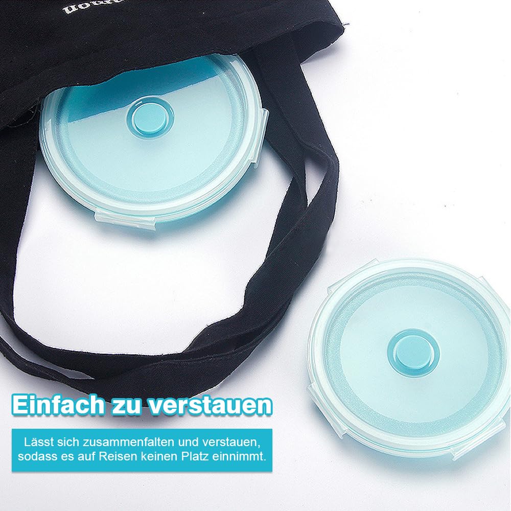 Ciotola pieghevole, 2 pezzi, con coperchio, in silicone, con forchetta da frutta, per campeggio, escursioni, cucina, scuola, all'aperto (blu)