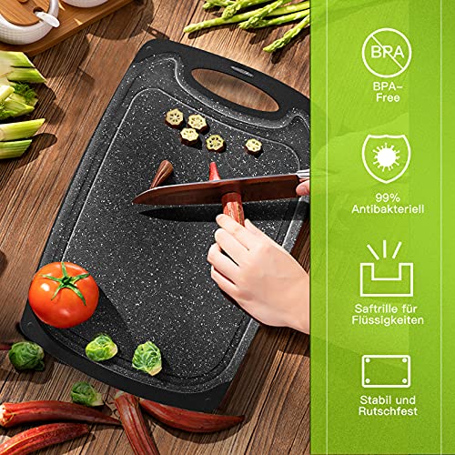 Foto von ZKINSUN Schneidebrett Kunststoff Set 3-teilig, Schneidebrett Schwarz,100% Rutschfeste mit Saftrille und Griff, Antibakteriell, BPA-frei, Spülmaschinenfest, Frühstücksbrettchen,für Obst/Gemüse/Fleisch