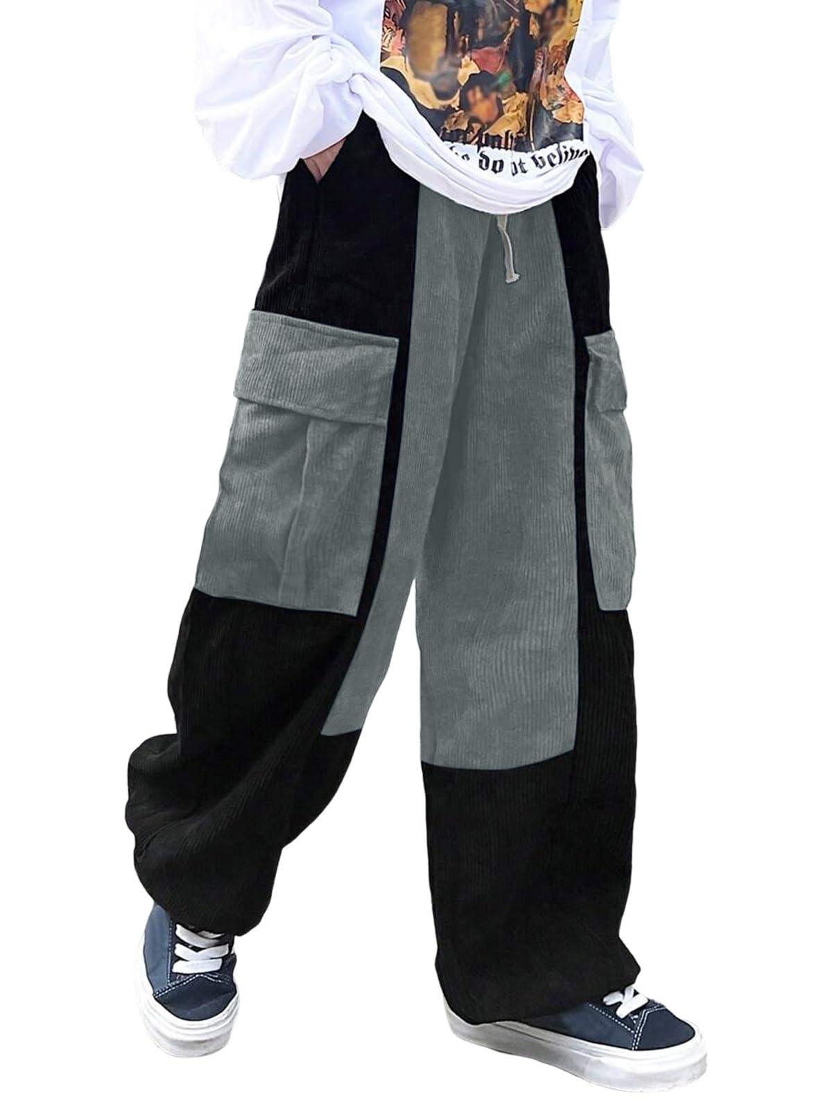 ZAFUL Mens Corduroy Cargo Pants Two-Tone Baggy Track Pants Unisex Streetwear Y2K Pants Casual Trouser