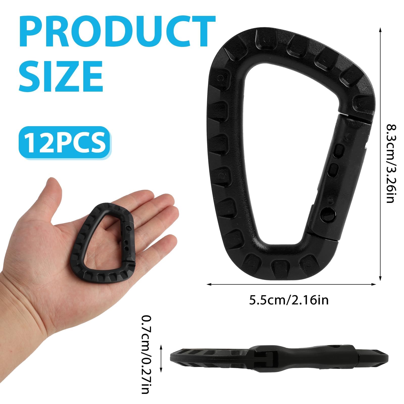 12 pièces mousquetons en Forme de D en Plastique mousquetons Noir, Mousqueton Tactique Escalade, (8.3cm x 5.5cm), Durable et pour Les activités de Plein air comme Le Camping, la randonnée