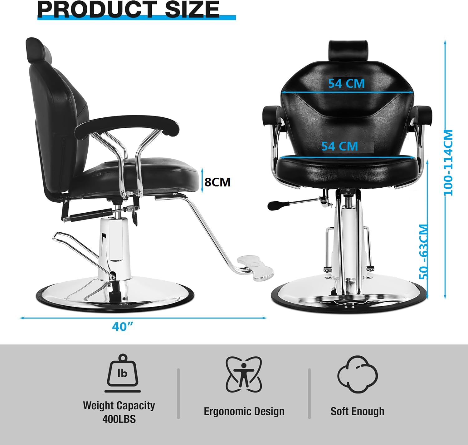 Silla de peluquería Sillón Profesional Silla Barberia Giratoria 360°con Altura Regulable Reposacabezas Ajustable y Reposapiés para Salón de SPA y Belleza, Barbería, Carga 150 kg (Negro) — view 3