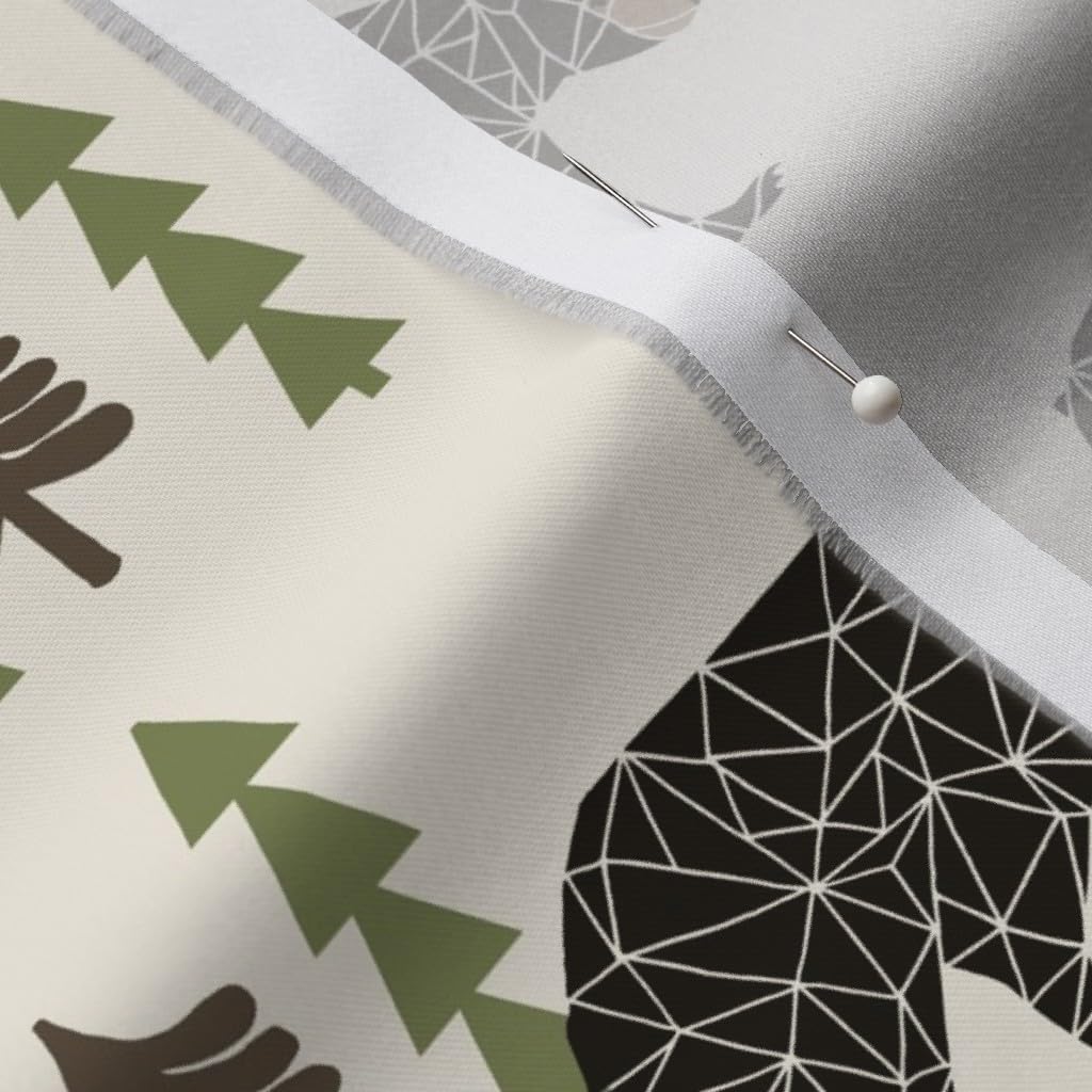 Spoonflower Fabric - Camping Bear Avocado Green Cream Vintage Cute Trees Forest Woodland Printed on Organic Cotton Sateen Fabric by The Yard - Sewing Quilting Apparel Home Decor