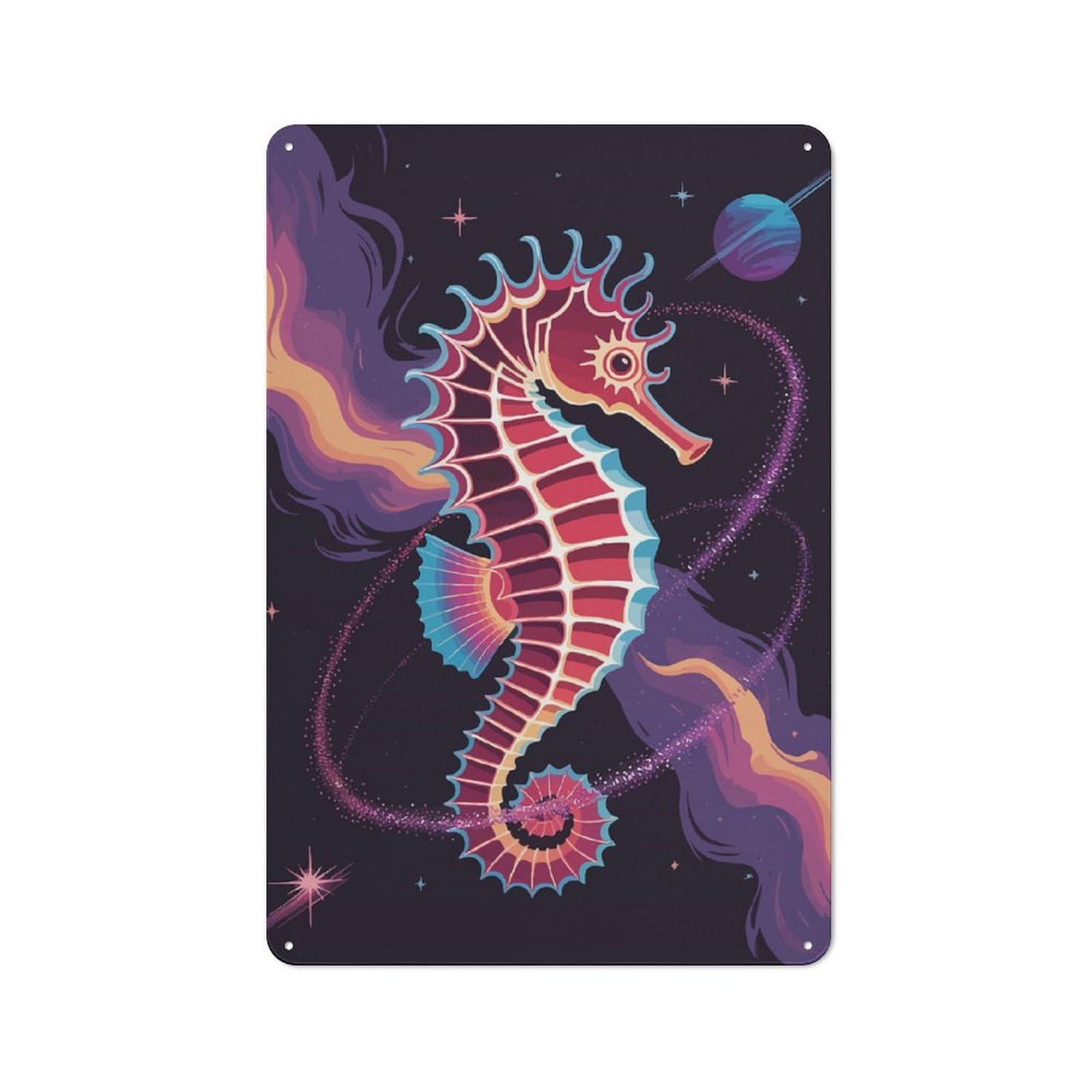 Metal Wall Sign with Cosmic Seahorse Illustration Design 30x20cm, Vintage Industrial Wall Art for Workshop, Basement, Shed Or Games Room