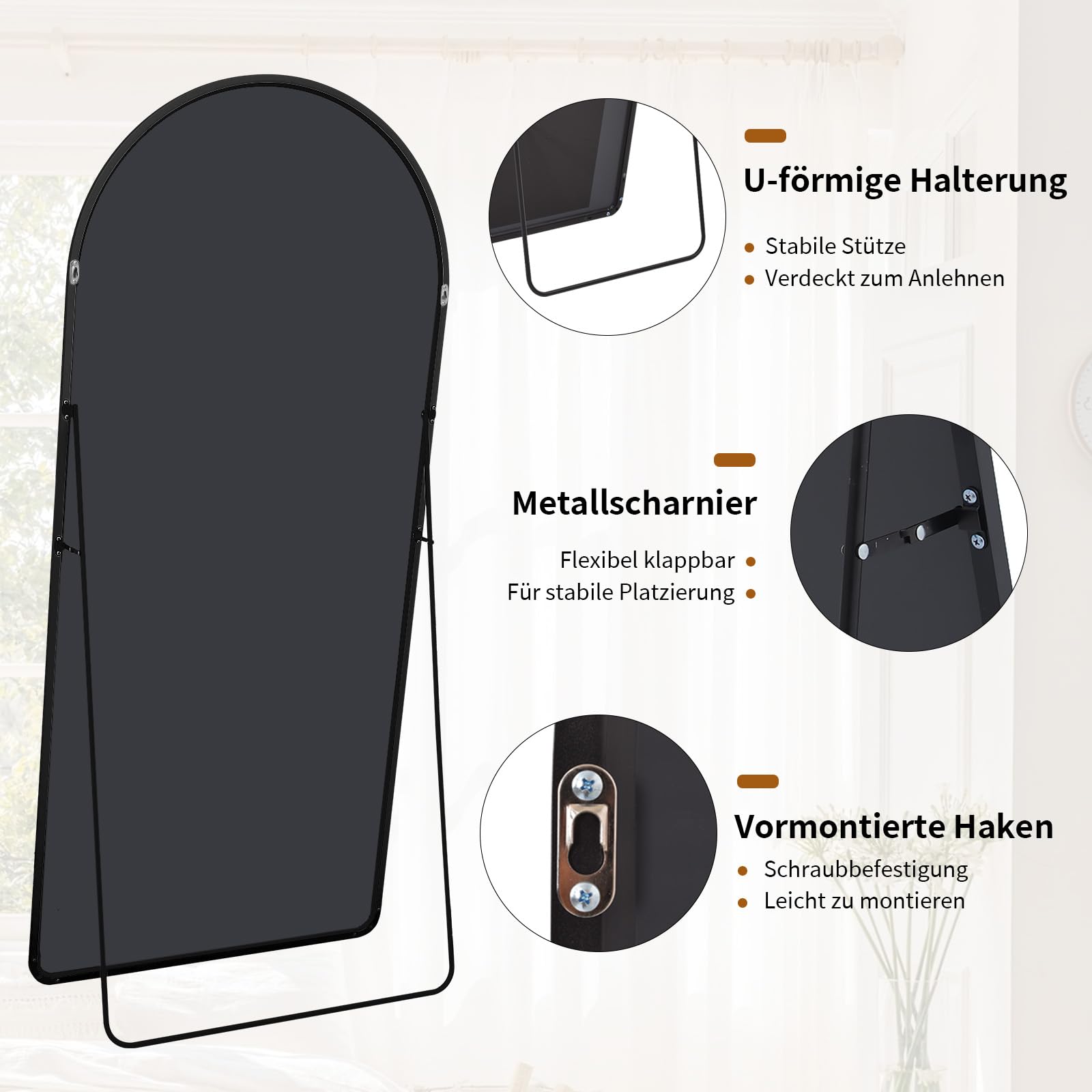 Miroir Pleine Longueur Bombé sur Pied 76 x 171 cm Noir Koonmi