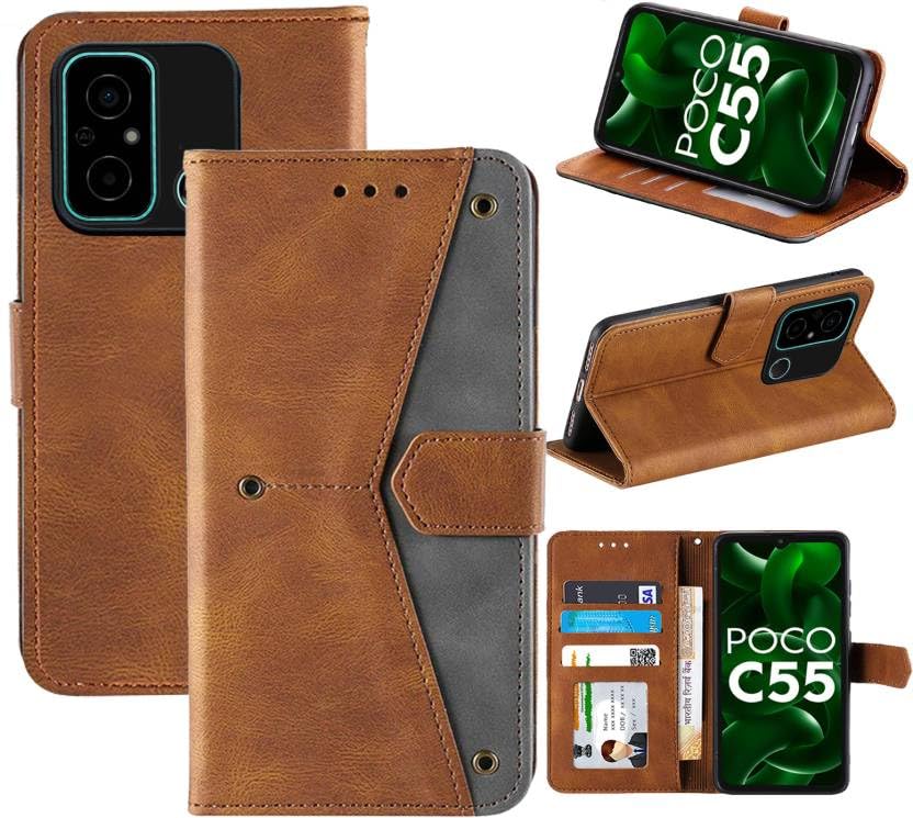 Image of RAHISHI Flip Cover Compatible for Poco C55|MZB0DDTIN|MZB0DDKIN|MZB0DDRIN|MZB0DDLIN|MZB0DDPIN Back Cover Soft Silicon TPU Flip Cover Executive Brown, Magnetic Closure