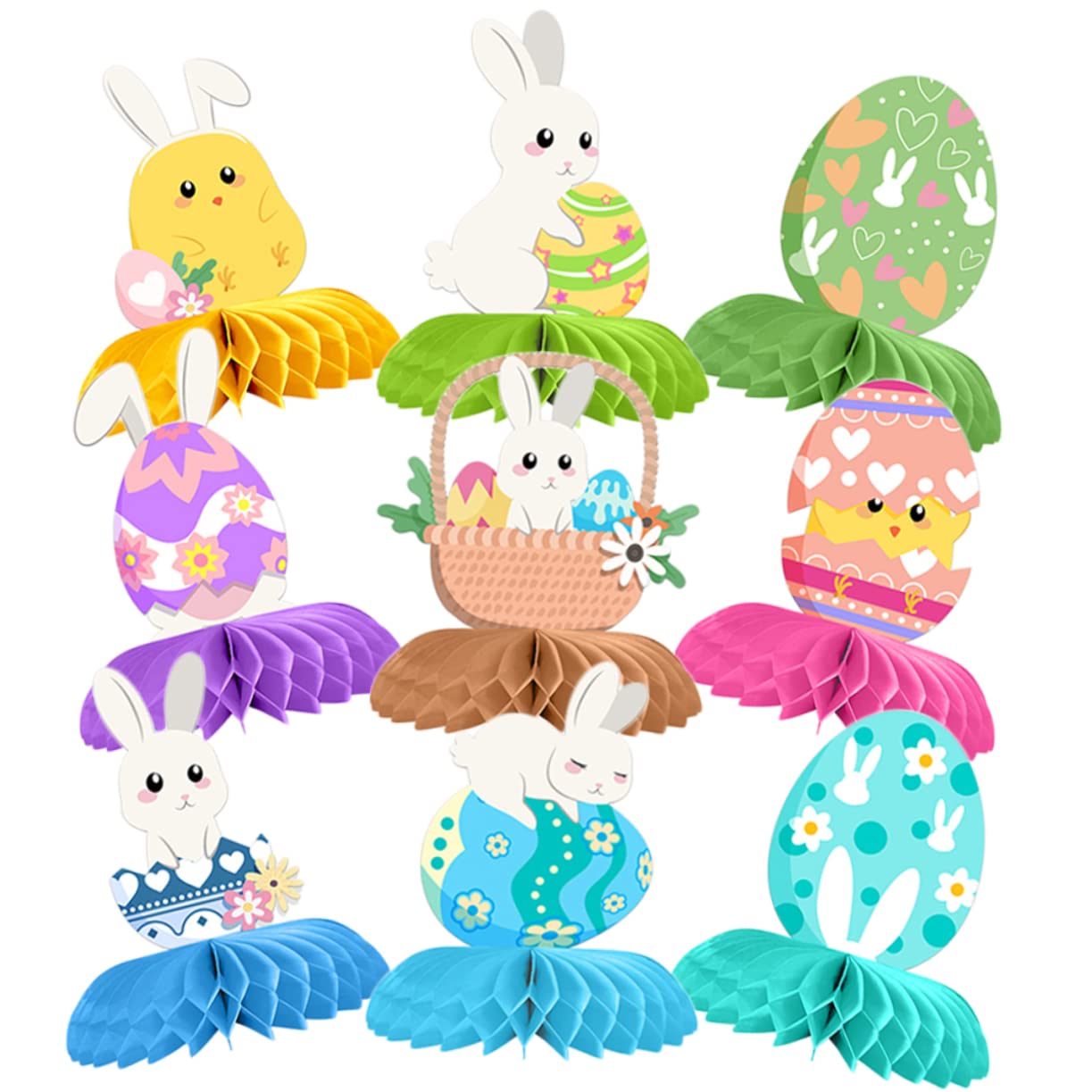 VICASKY 3 Set Palline Pasquali A Nido d'Ape di Pasqua Pasquale Venni Pulcino Kit Easter Bunny Easter Egg Toppers da Tavolo Pasquali Puntello di Carta Decorativa 9 Pezzi * 3