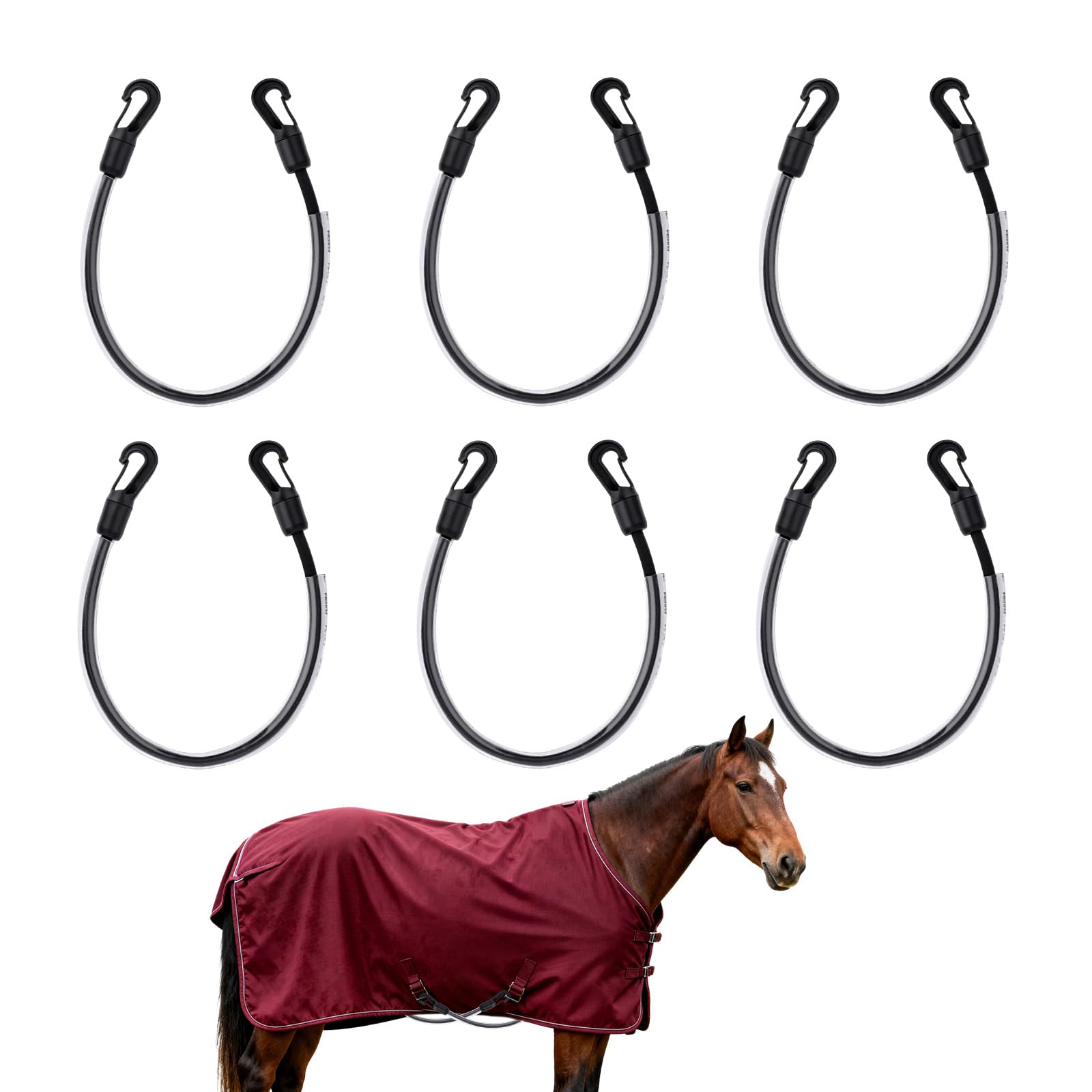 6pcs Horse Blanket Leg Straps Replacement Parts, 16in Elastic Tail Cord Adjustable Length Horse Blanket Leg Straps with Double-Ended Clip for Blankets Sheets and Rugs