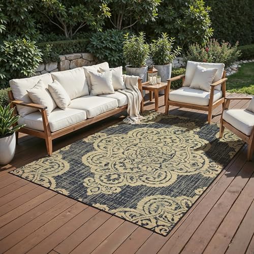 Oriental Weavers Marina Indoor/Outdoor Rug - 5929K - 8'6" x 13' - in Black/Tan - Vintage Bohemian Style, Water, Stain and Fade Resistant, Hose Clean, Patio, Outdoor Living Area Rug