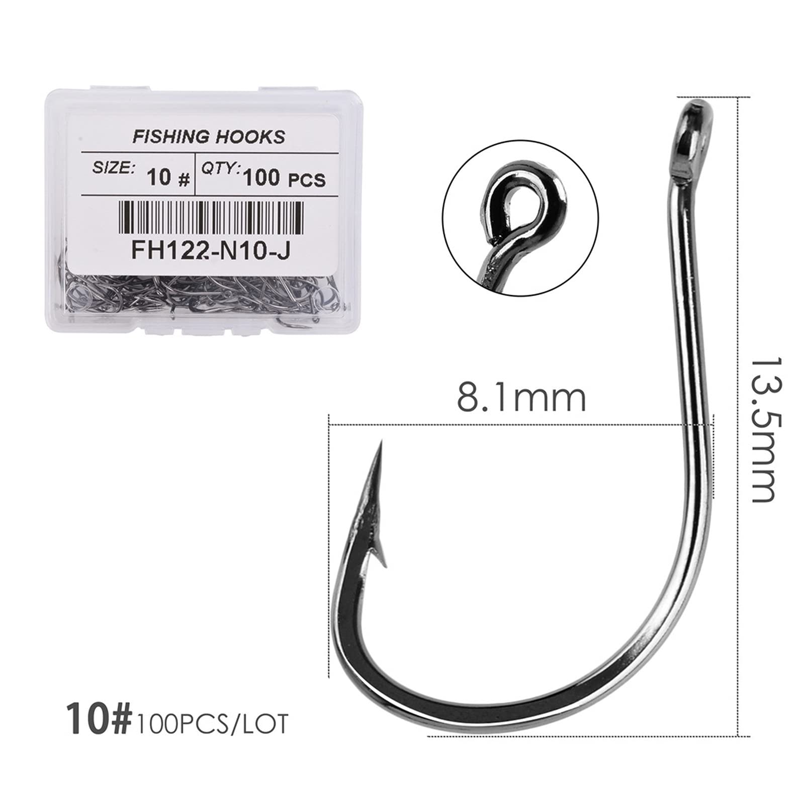 Hameçon de Pêche 100 morceaux d'acier au carbone à haute teneur en carbone avec trou de pêche crochet étang ruisseau Pêche Jig Crochet Barb Bait Bait Crochet de pêche Taille # 1-15 Crochets de Pêche