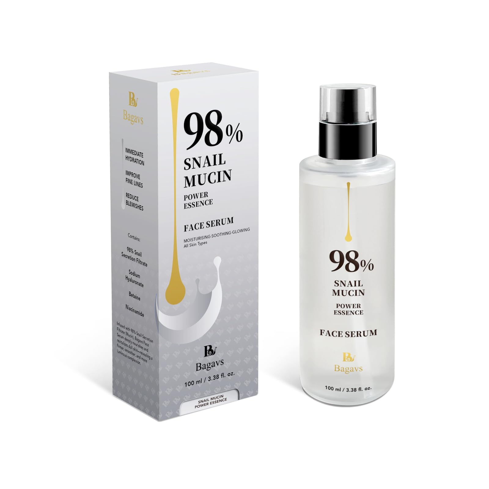 Siero Viso 100ml con 98% Bava di Lumaca, Niacinamide e Acido Ialuronico, Antirughe, Antimacchie Illuminante, e Antietà, si Assorbe Rapidamente dalla Pelle