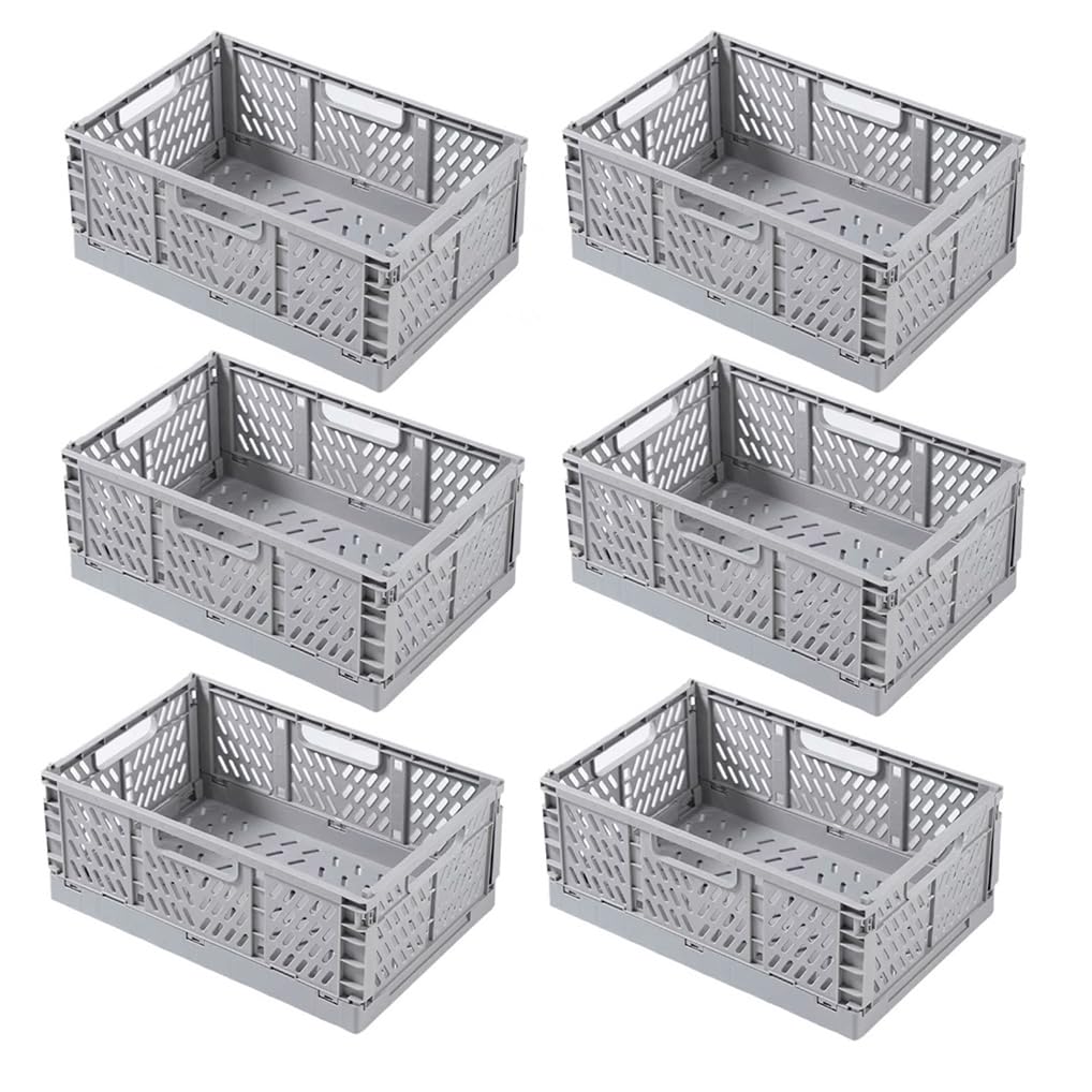 Paquete de 6 cestas de plástico plegables con asas, cajas de almacenamiento apilables para el hogar, cocina, oficina y escritorio, contenedores plegables para armarios y cajones, tamaño mediano