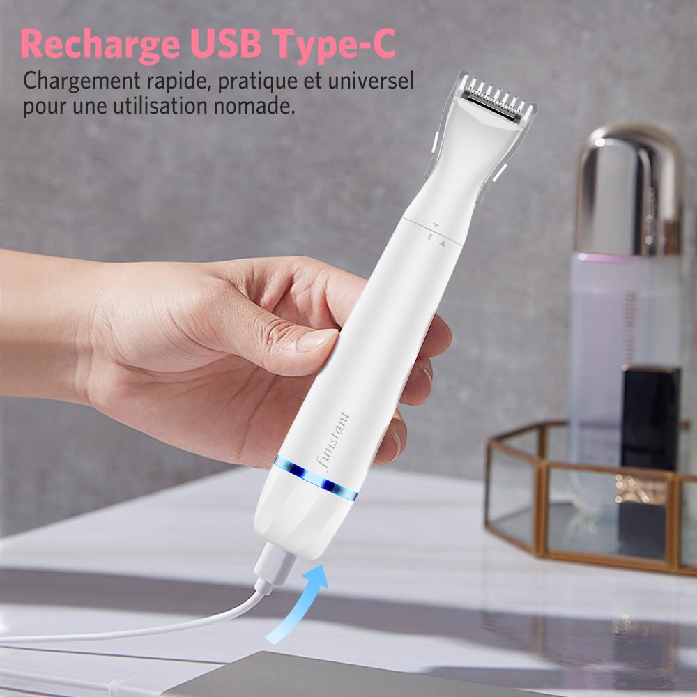Tondeuse Intime Femme Rechargeable 2 en 1, Rasoir Bikini pour Maillot et Pubis, Tête de Précision et Grille de Finition, USB-C, Sans Fil, Utilisation à Sec, Soin Doux des Zones Sensibles