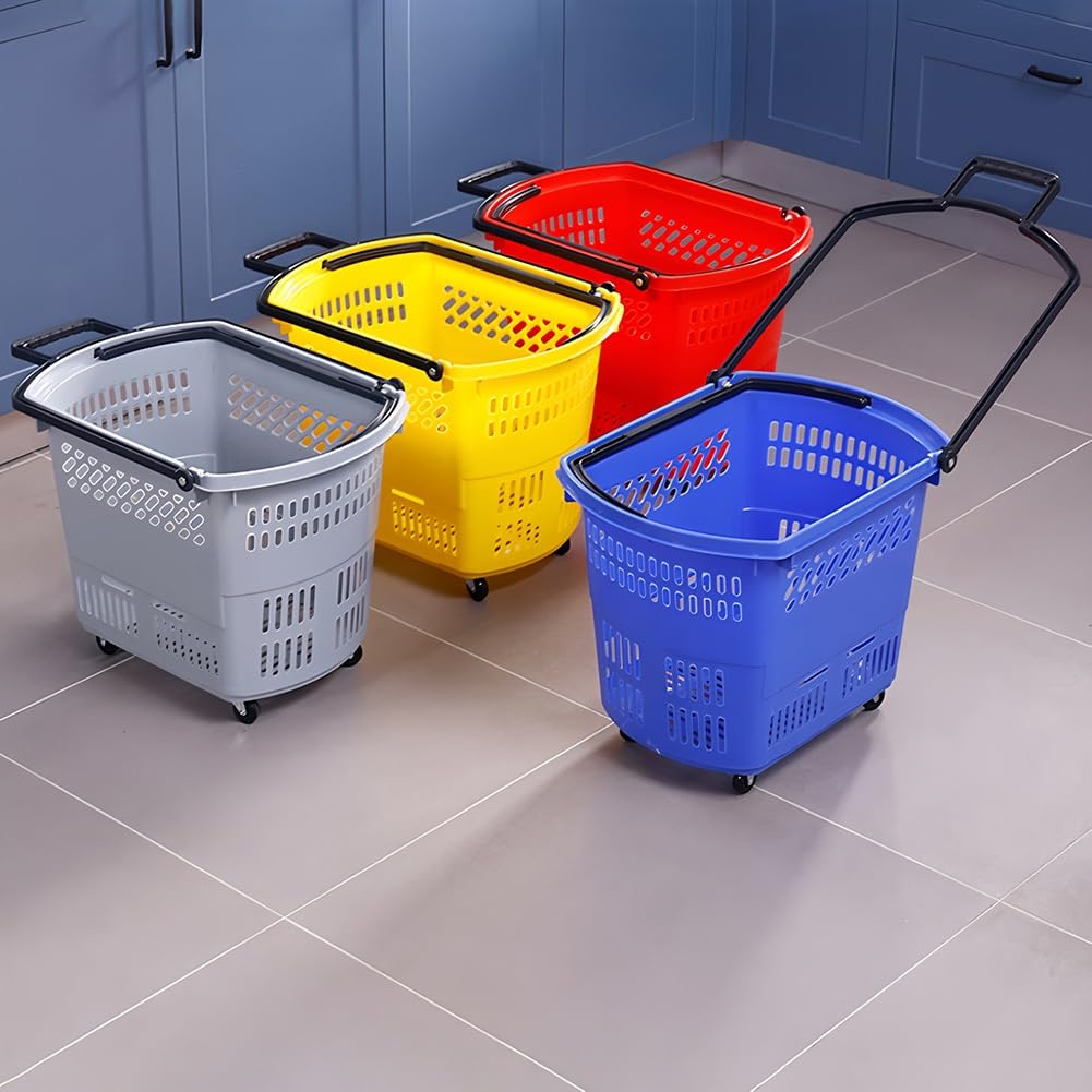 Cestino per la spesa in plastica con manico e ruote, grande capacità, portatile, per supermercati e spesa