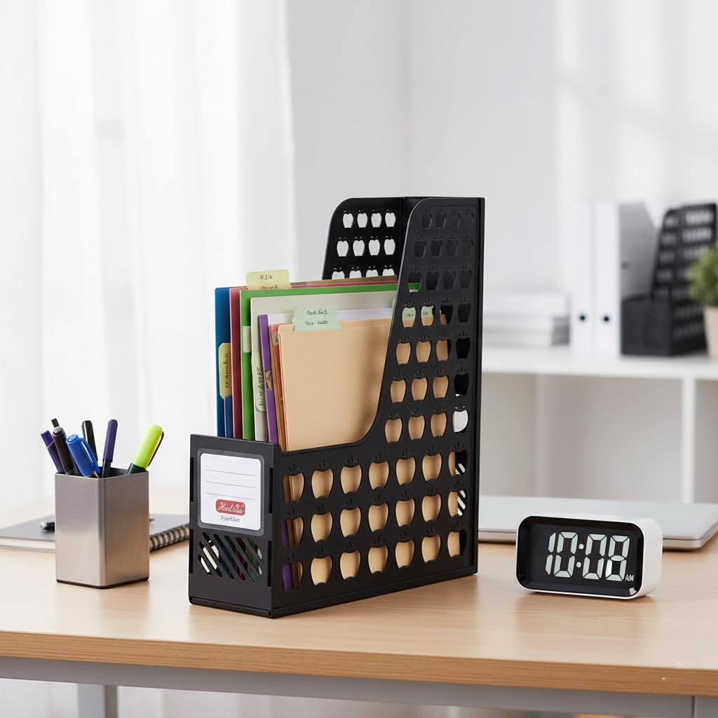 Desktop File & Magazine Holder, 1 Section Document Organizer for Office, School & Home Use, Sturdy Plastic Storage Box Desk Tray, Black, Medium Size-image-25