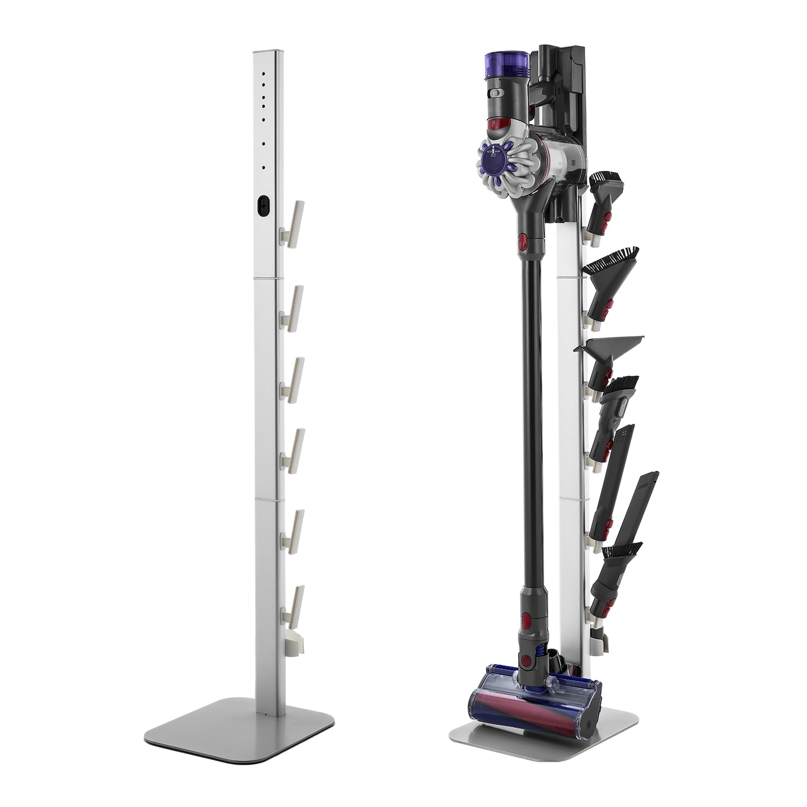 VEVOR Support d'Aspirateur pour Dyson G5, V15, V12, V11, V10, V8, V7, V6, Porte-aspirateur Vertical Rangement Stable avec Accessoires, 6 Crochets et Patins Antidérapants, pour Espaces Restreints, Gris
