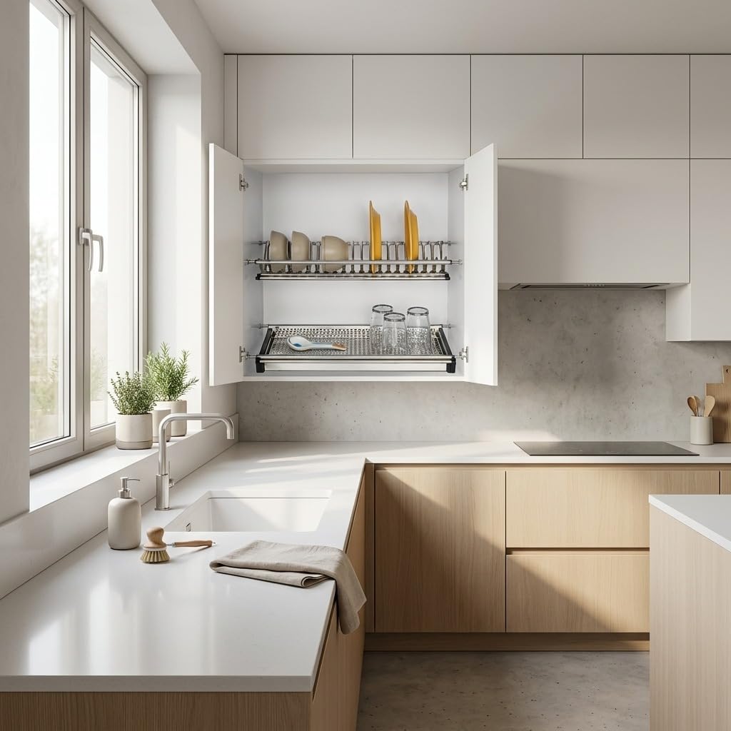 MAKA Scolapiatti da Incasso per Pensile 56 cm in Acciaio Inox a 2 Livelli, Portapiatti Verticale e Ripiano Bicchieri Tazze con Vaschetta Raccogligocce Estraibile, Scolapiatti da Mobile Cucina