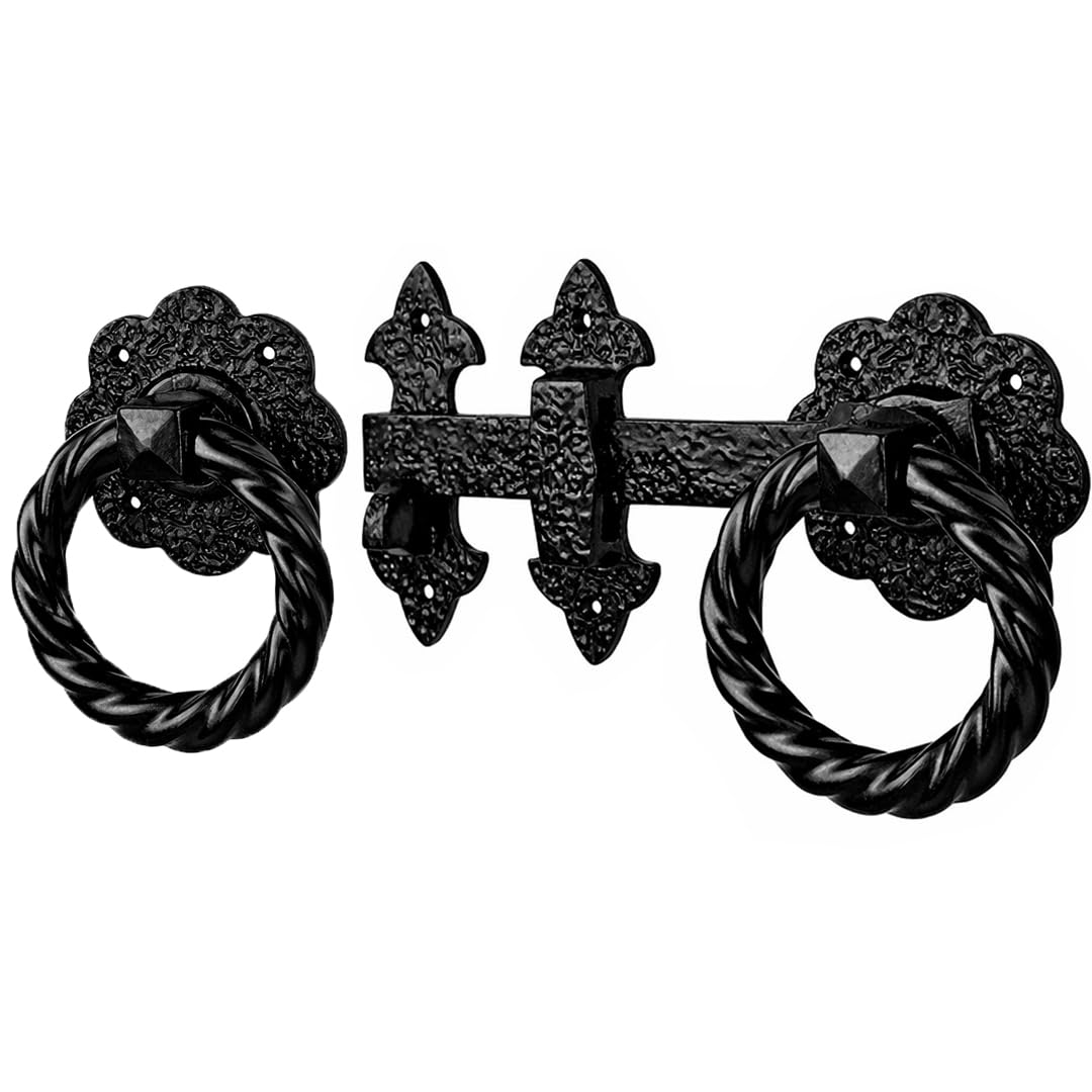 SCORPIO HARDWARE® Heavy Duty Ornamental Gate Ring Latch Twisted 8" 200mm 10" 250mm Black and Galvanised Finish Suitable for Garden Gates and Wooden Doors. (Black, 10 Inch - 250mm)