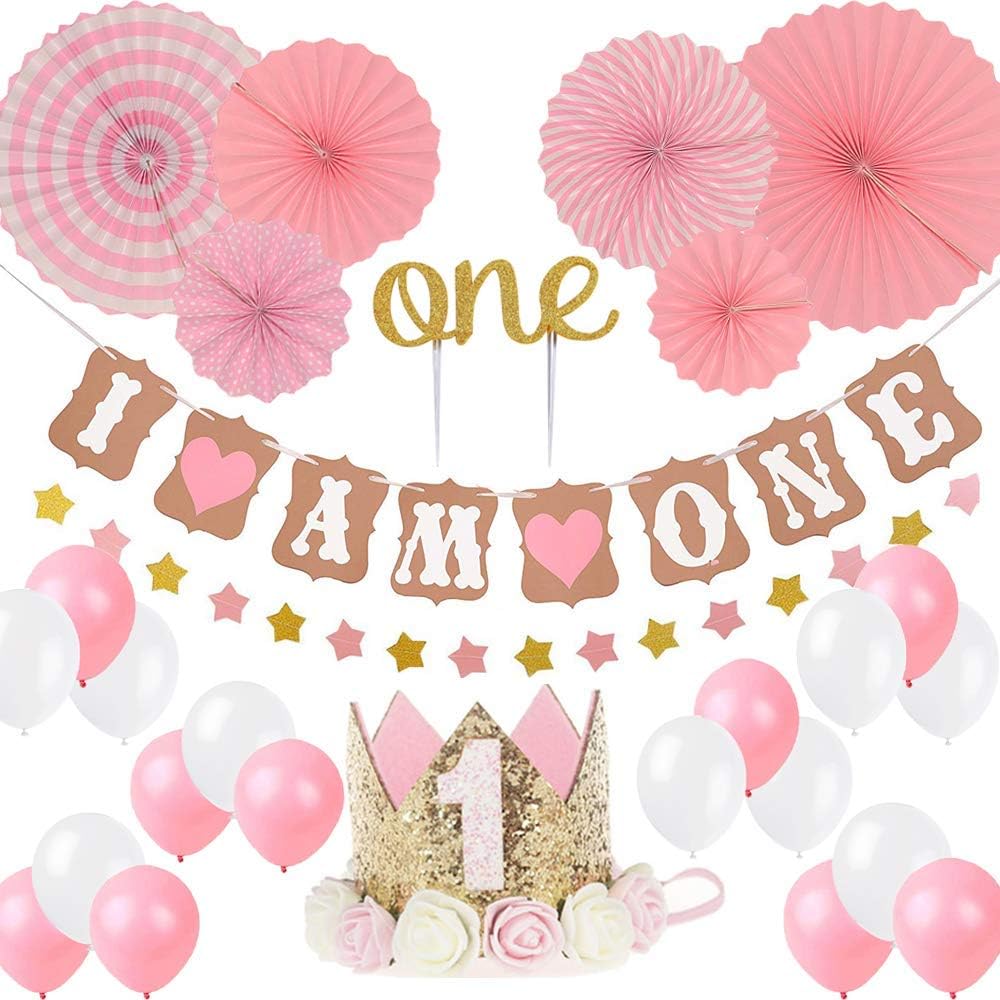 Birthday Decoration Set - Baby Partyr Crown,Girl/Boy 1st Birthday Party Hat Princess Tiara Hat Includes Cake Topper One "I Am One" and Star Banner Pink Hanging Paper Fan Flower Pink and White Balloons