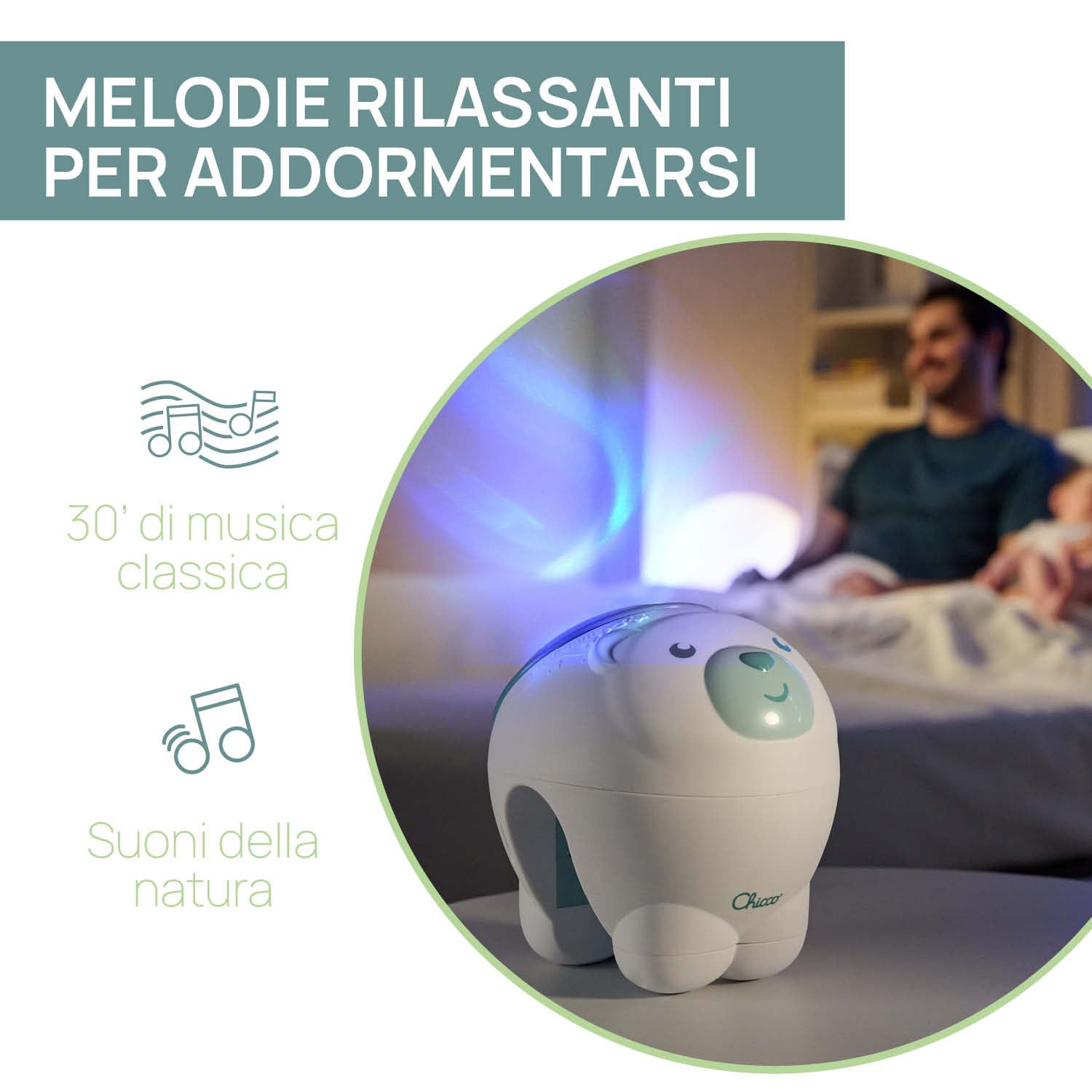 Chicco First Dreams Proiettore Orso Polare, Proiettore 2in1 da Culla e da Comodino, Luce Notturna per Bambini, Musica Classica Rilassante e Suoni della Natura, Giochi Neonato, 0 Mesi +, Blu